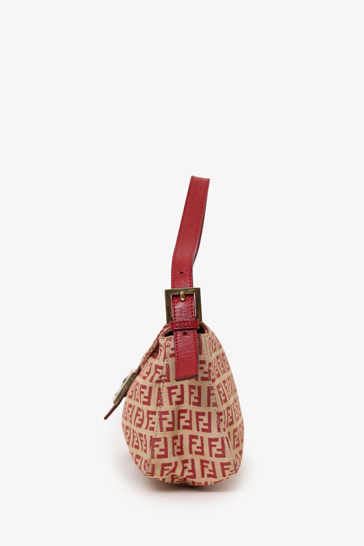 Fendi Red/Beige FF Zucca Canvas Double Flap Baguette Shoulder Bag