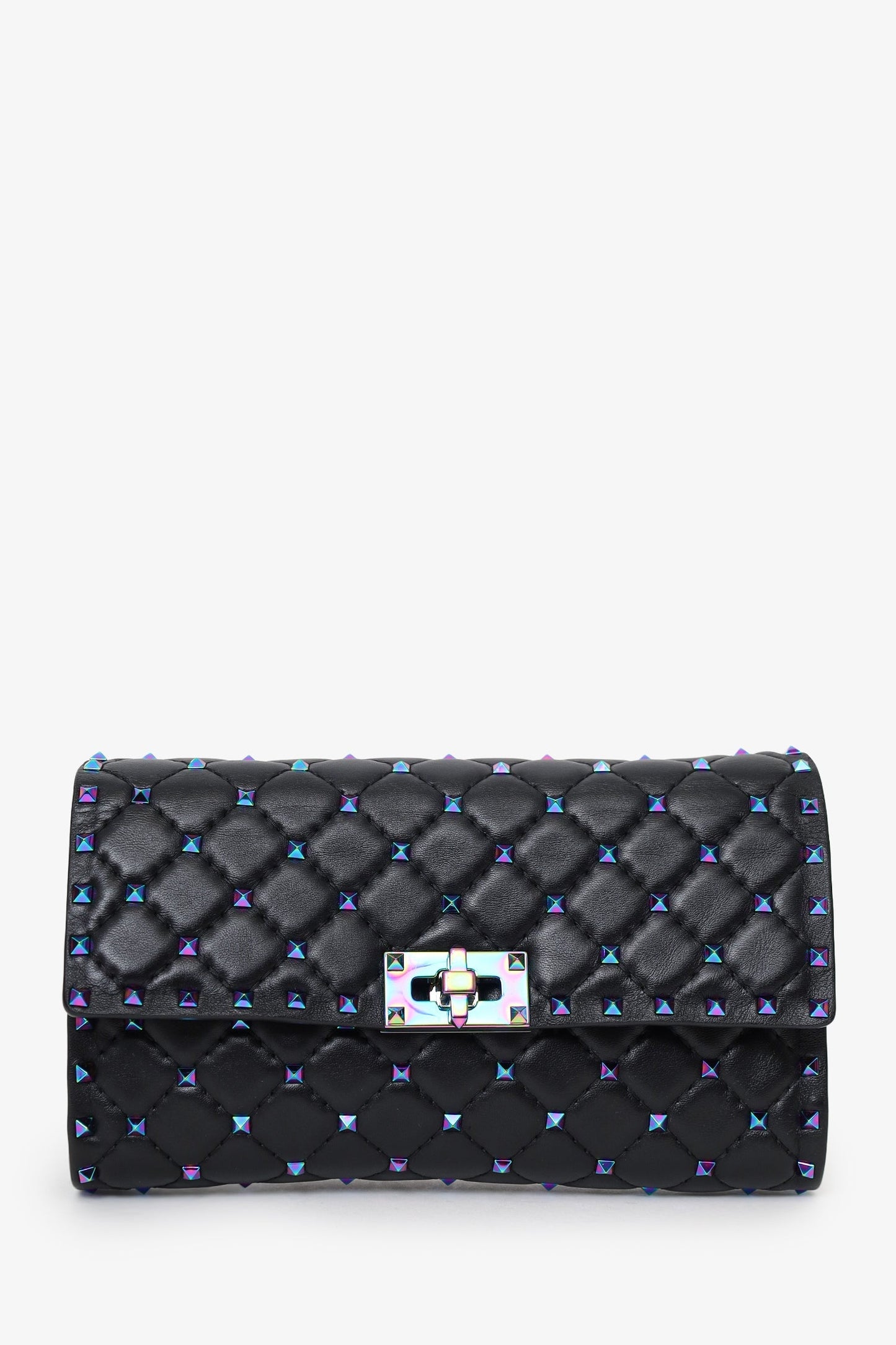 Valentino Black Lambskin Oil Slick Rockstud Spike Wallet on Chain