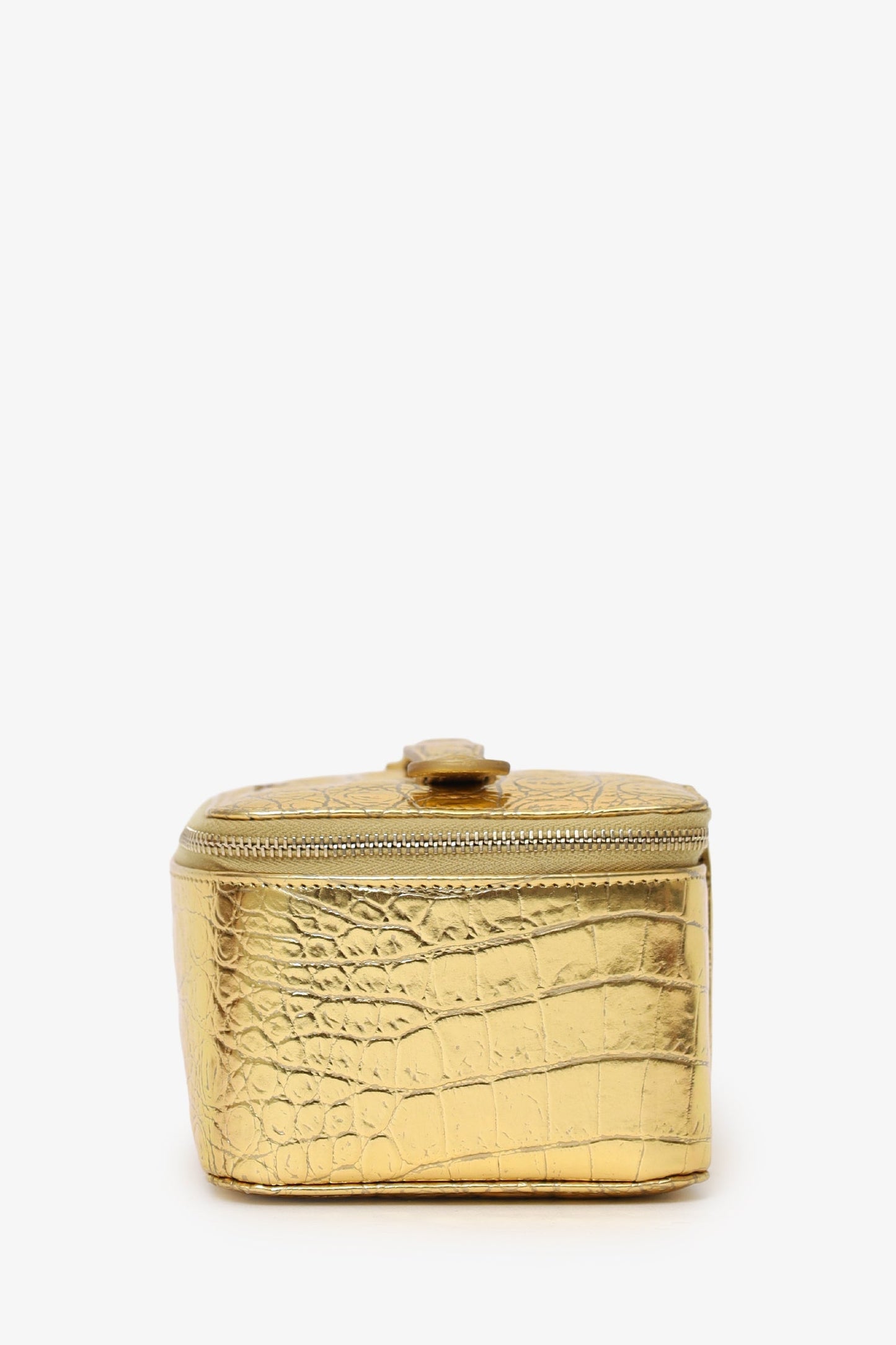 Chanel™ Gold Metallic Crocodile Embossed Mini Vanity Bag