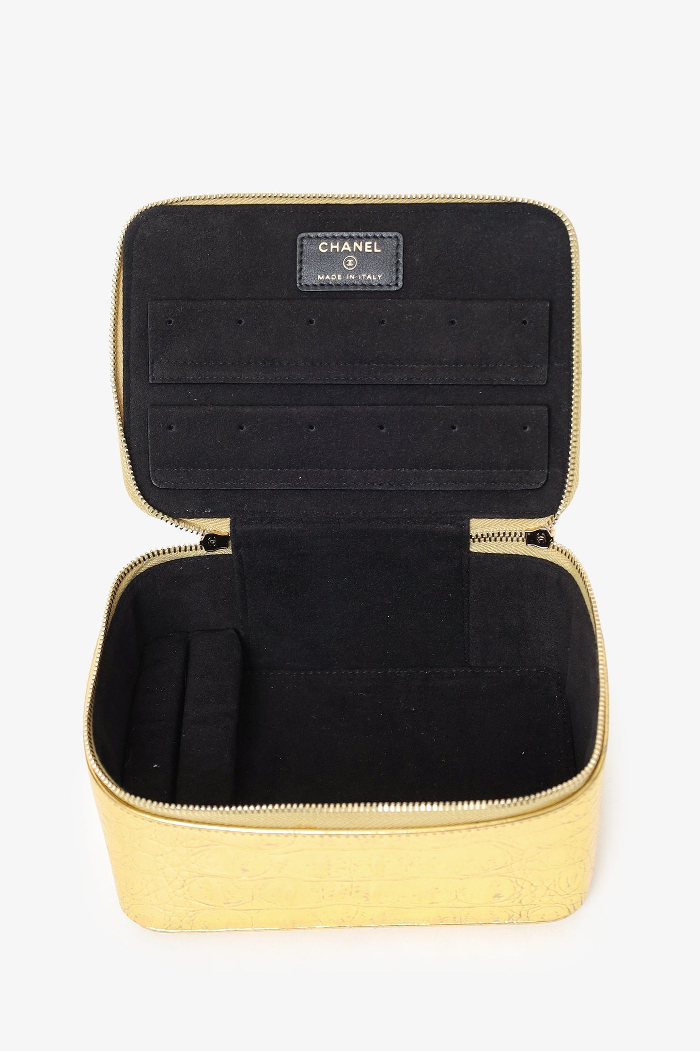 Chanel™ Gold Metallic Crocodile Embossed Mini Vanity Bag