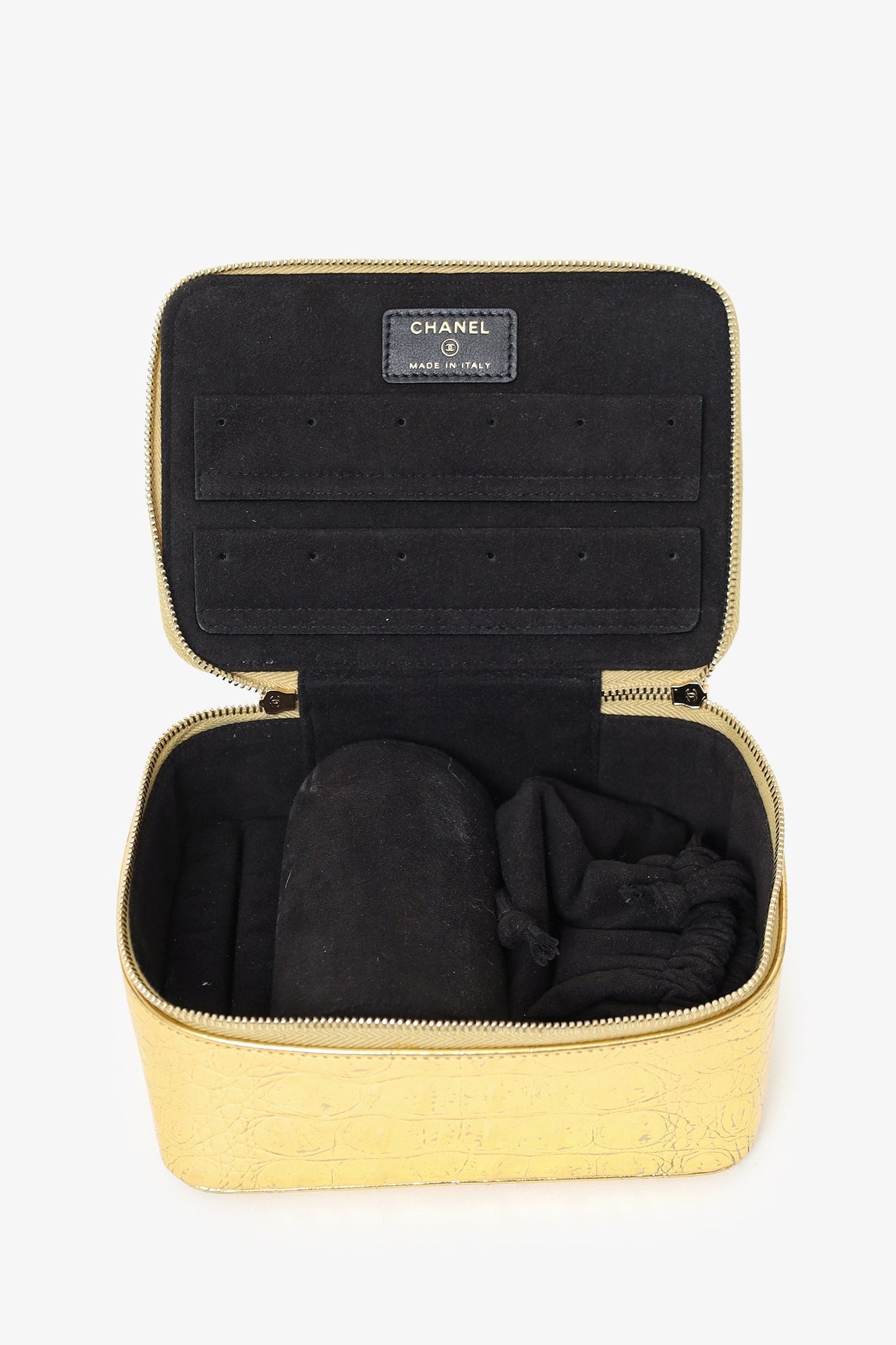 Chanel™ Gold Metallic Crocodile Embossed Mini Vanity Bag