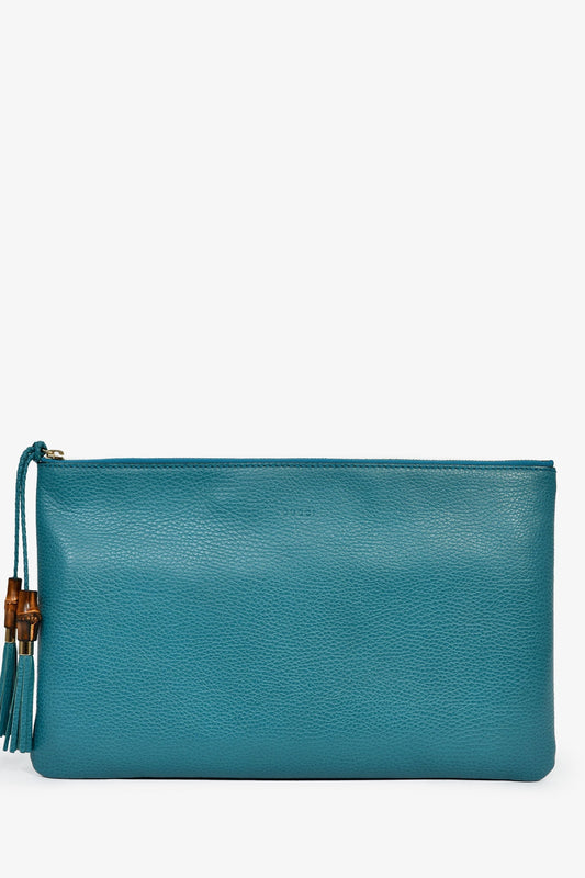 Gucci Turquoise Pebbled Leather Bamboo Tassel Clutch