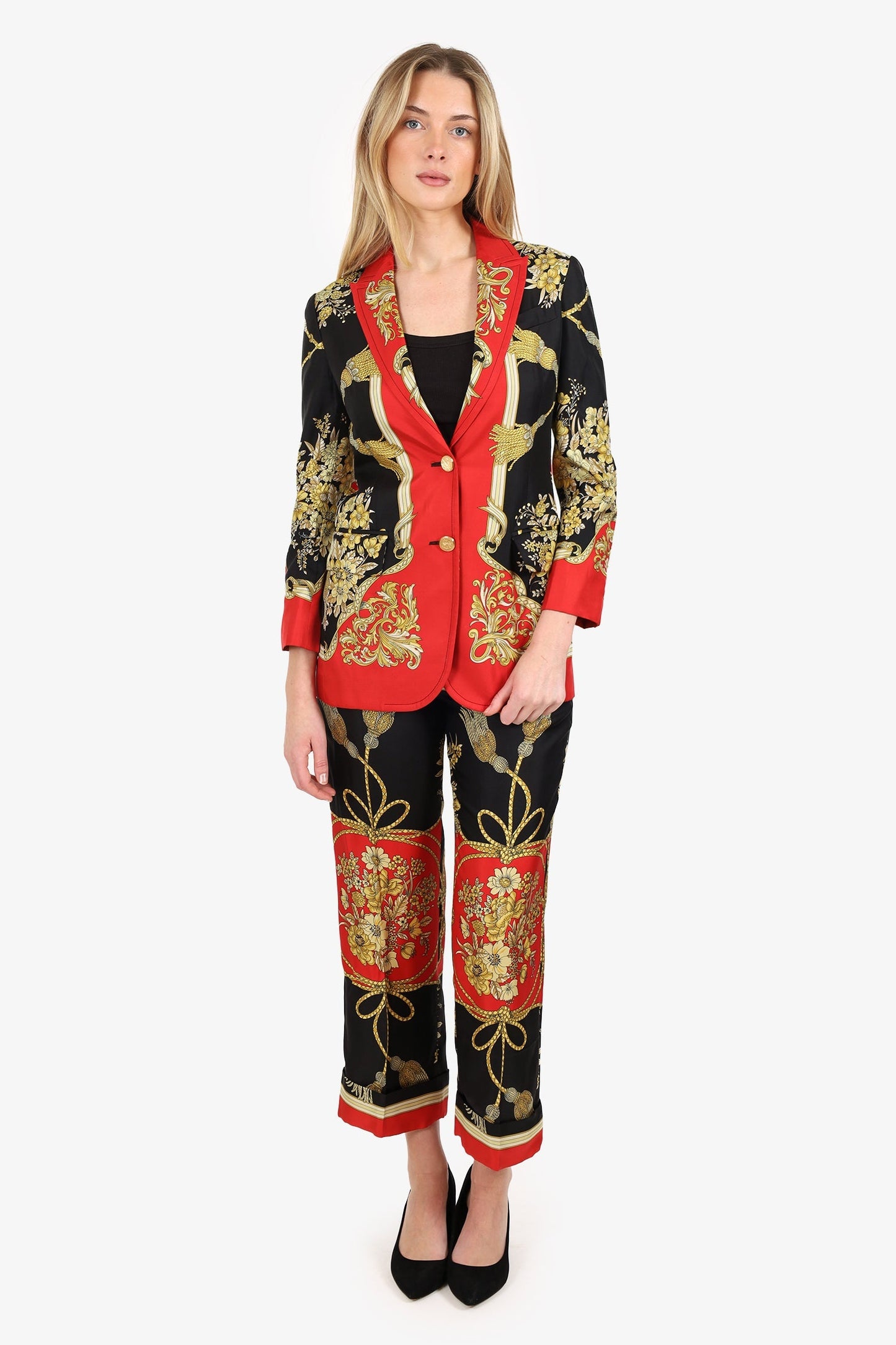 Gucci Black/Red Silk Printed Two-Piece Suits Size 36/38