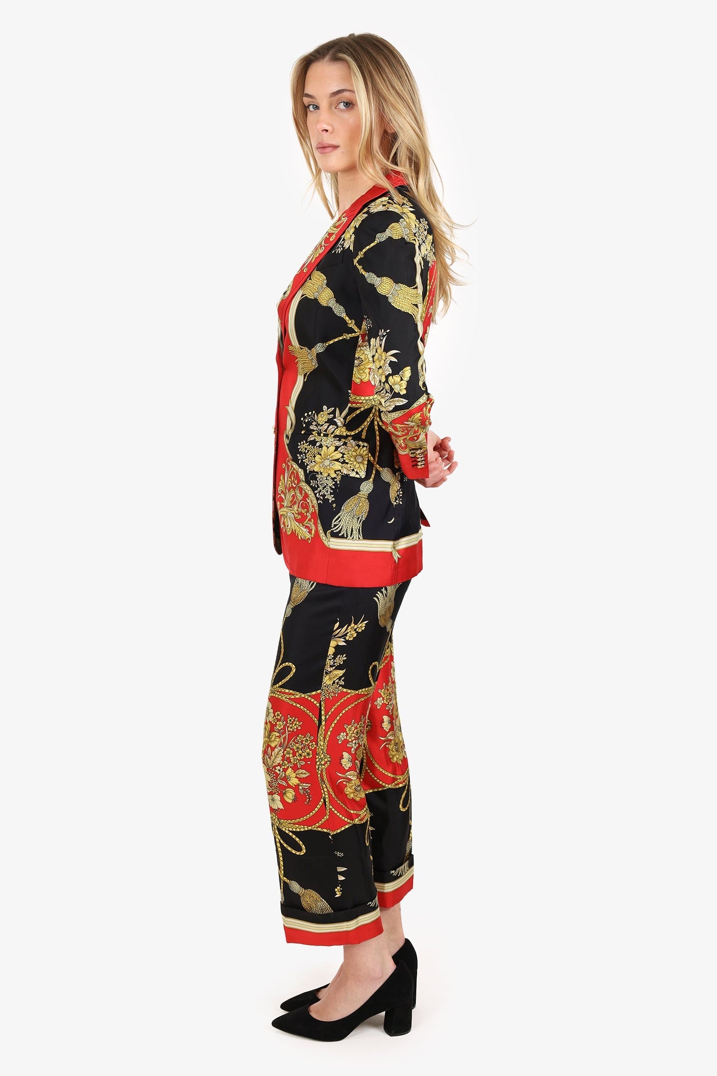 Gucci Black/Red Silk Printed Two-Piece Suits Size 36/38