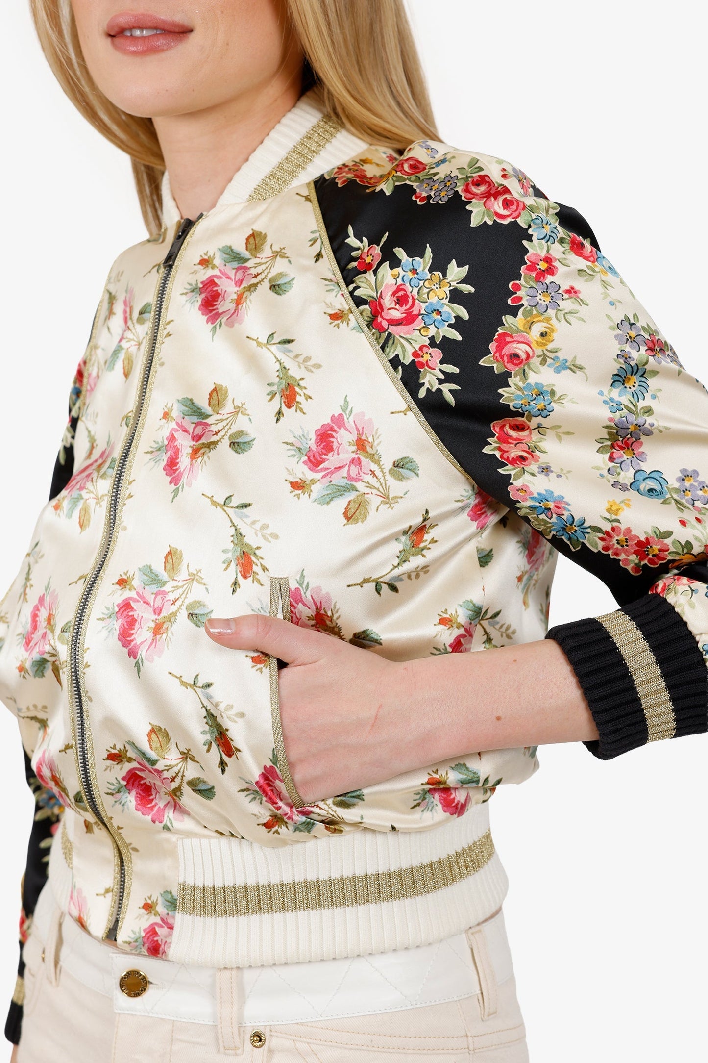 Gucci Beige/Black Silk Guccification Bomber Jacket Size 38