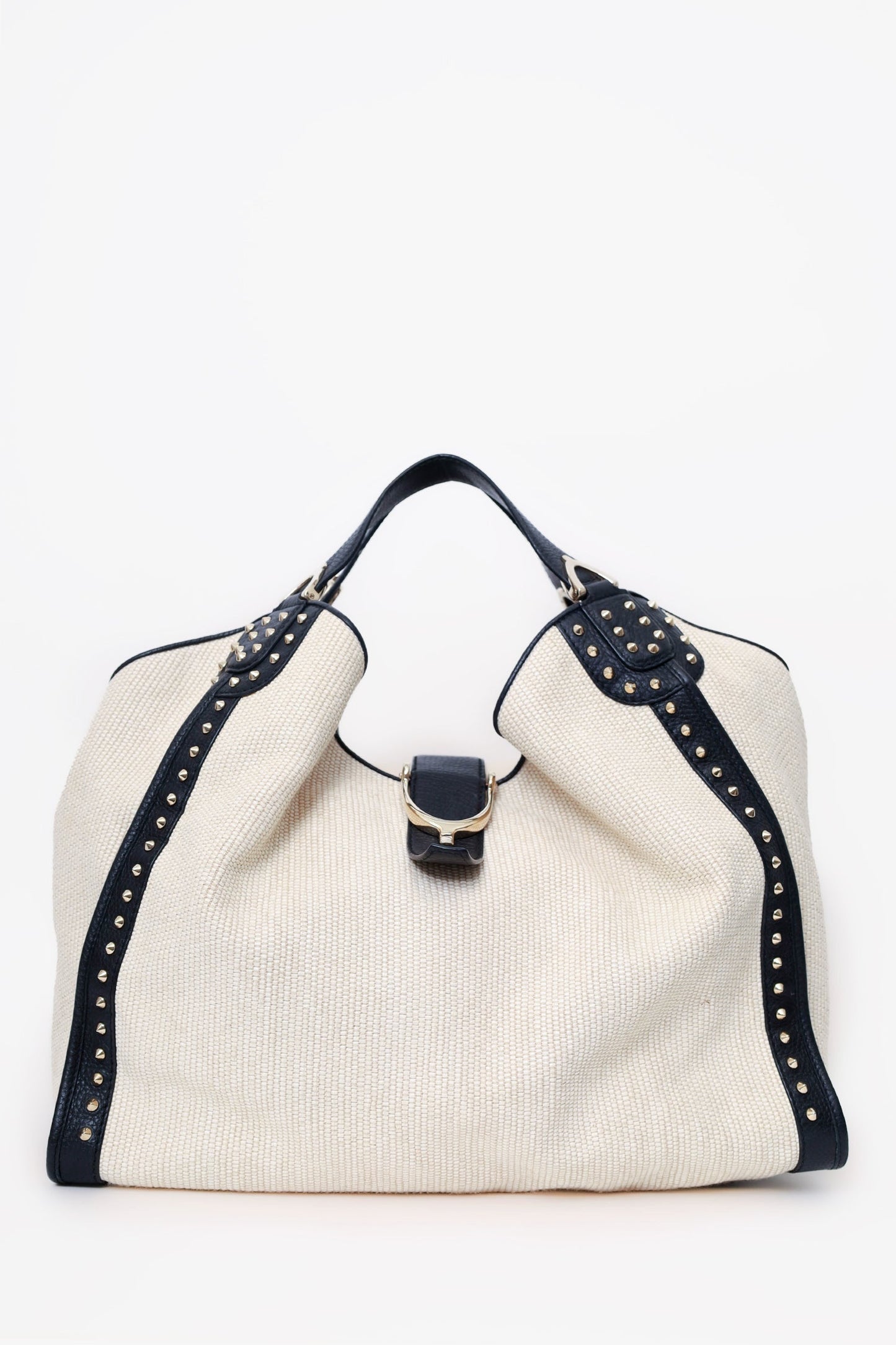 Gucci White Raffia Studded Large Stirrup Hobo