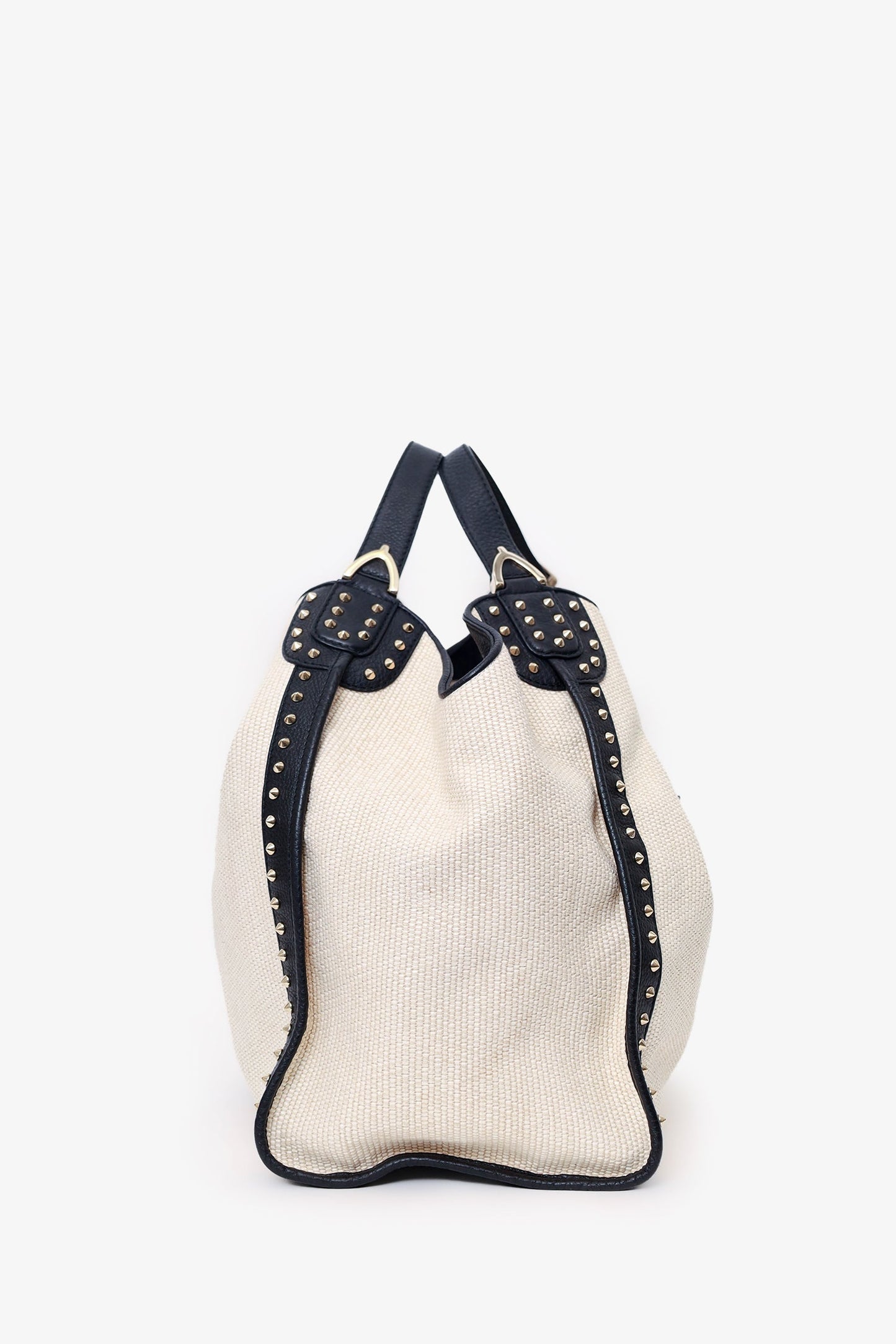 Gucci White Raffia Studded Large Stirrup Hobo