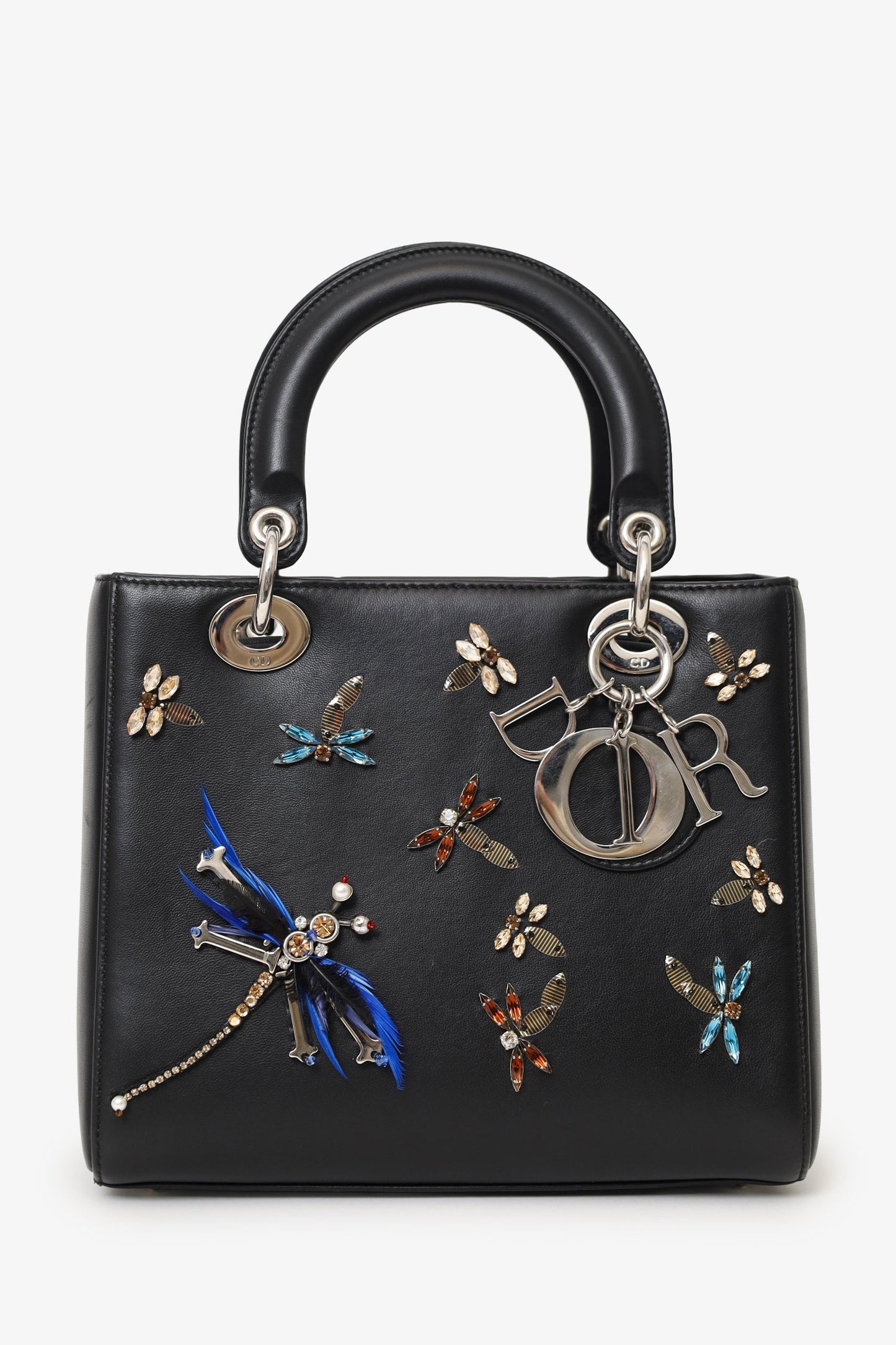 Christian Dior 2016 Black Smooth Calfskin Embellished Dragonfly Medium Lady Dior