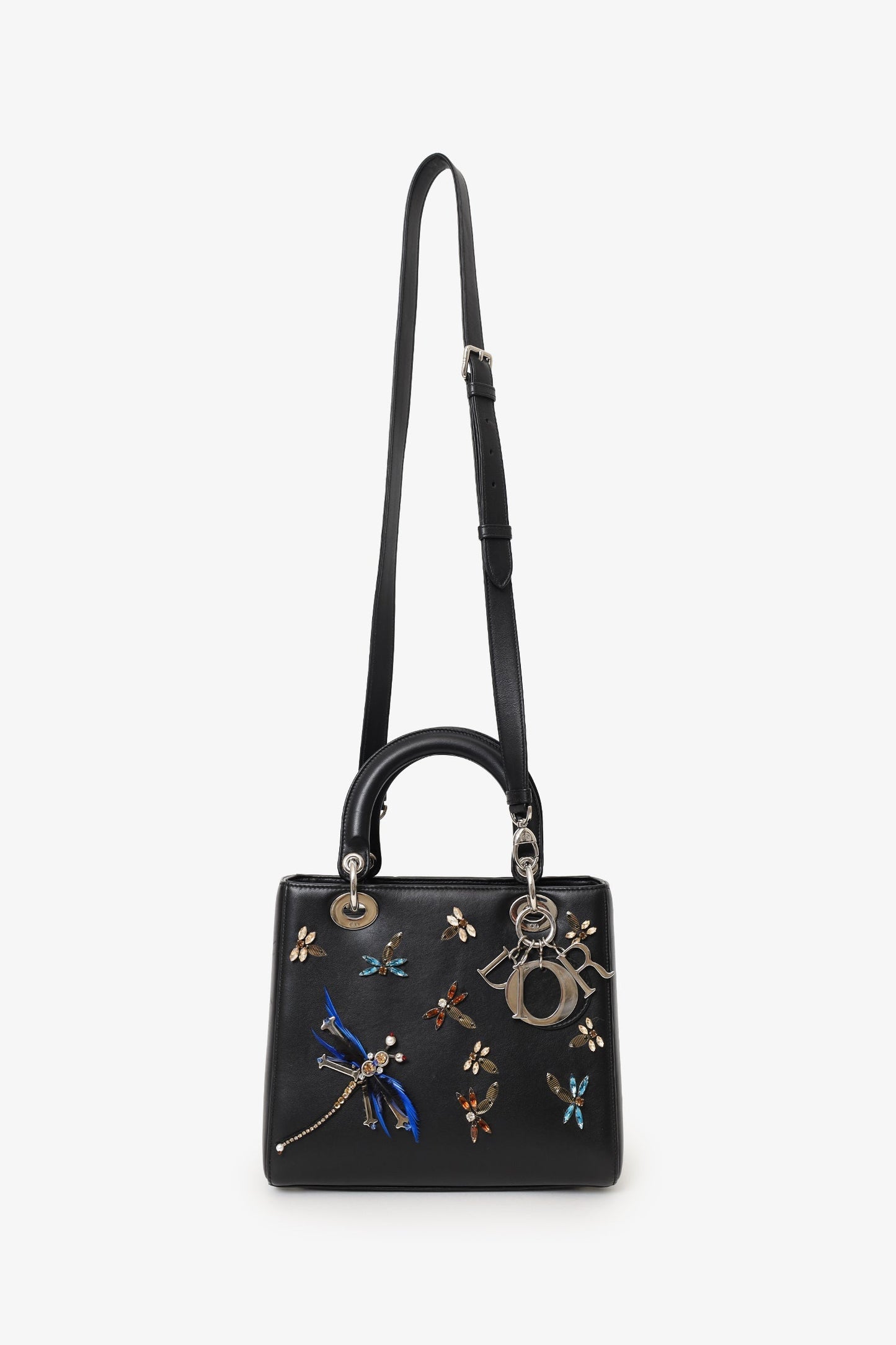 Christian Dior 2016 Black Smooth Calfskin Embellished Dragonfly Medium Lady Dior
