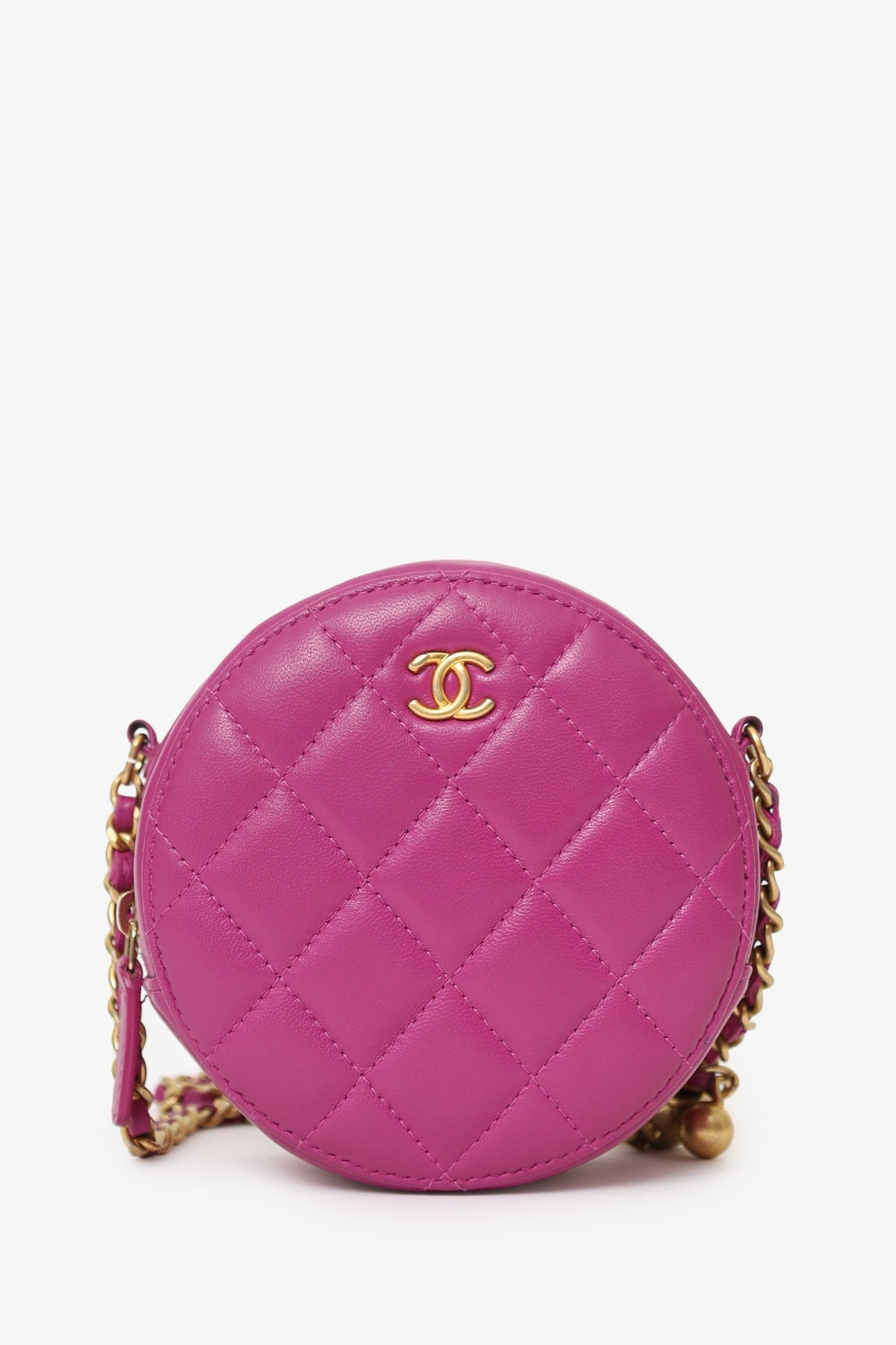 Chanel™ 2020 Pink Quilted Leather Pearl Crush Round Clutch Bag