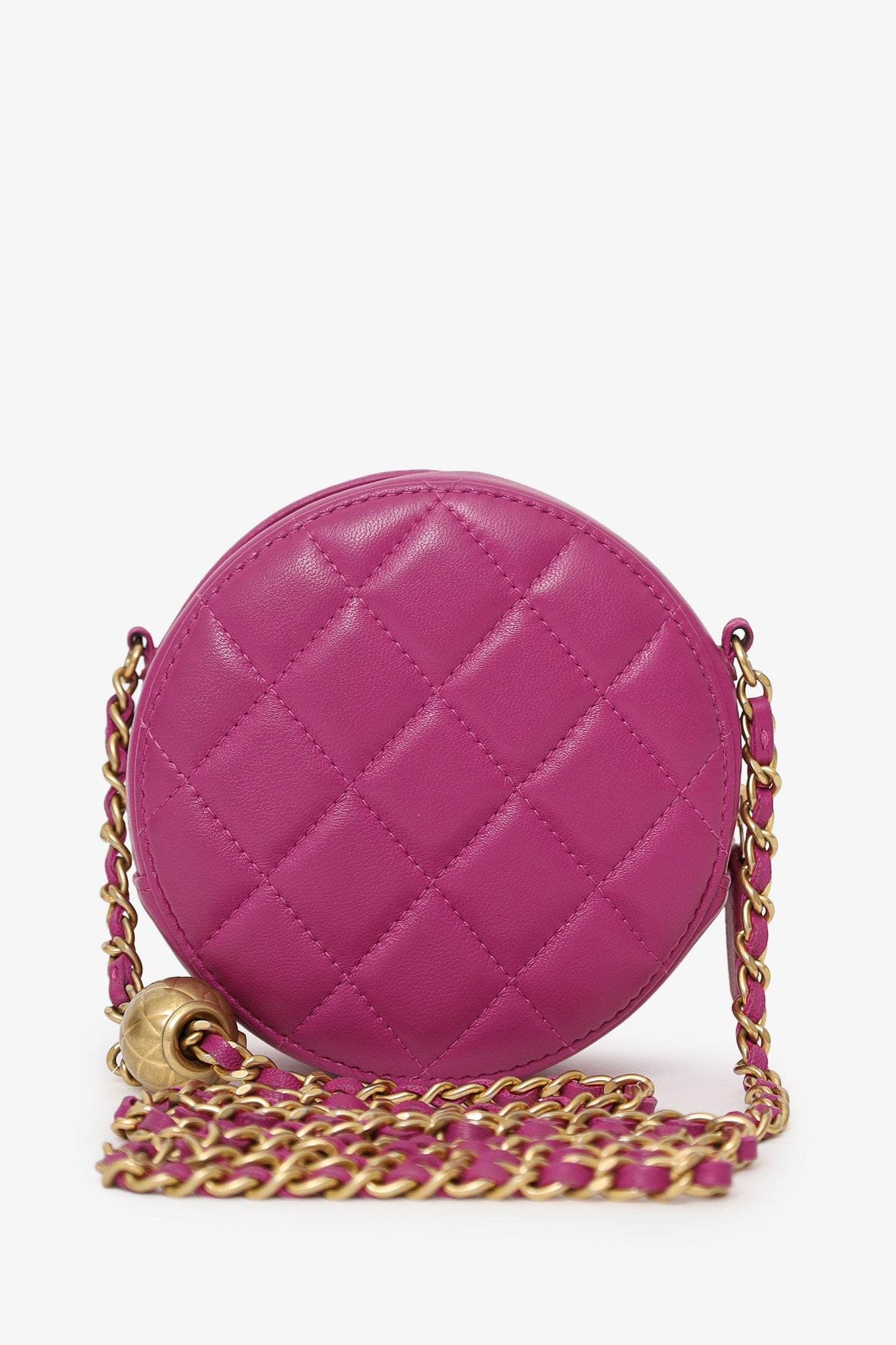 Chanel™ 2020 Pink Quilted Leather Pearl Crush Round Clutch Bag