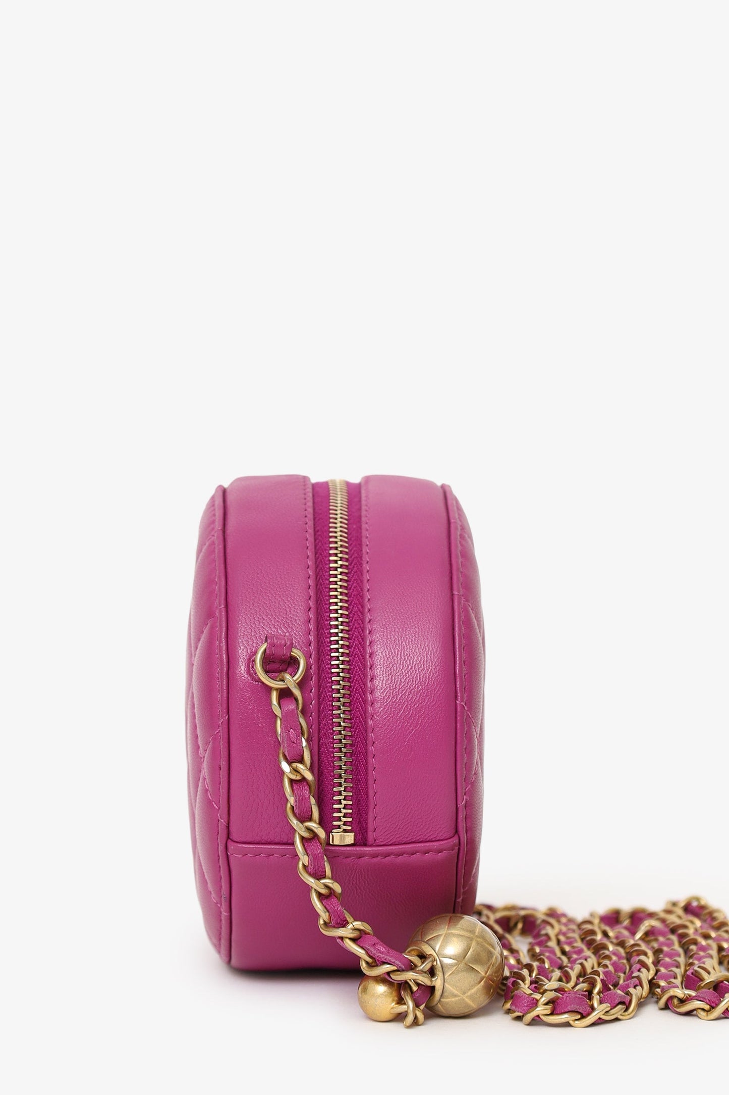 Chanel™ 2020 Pink Quilted Leather Pearl Crush Round Clutch Bag