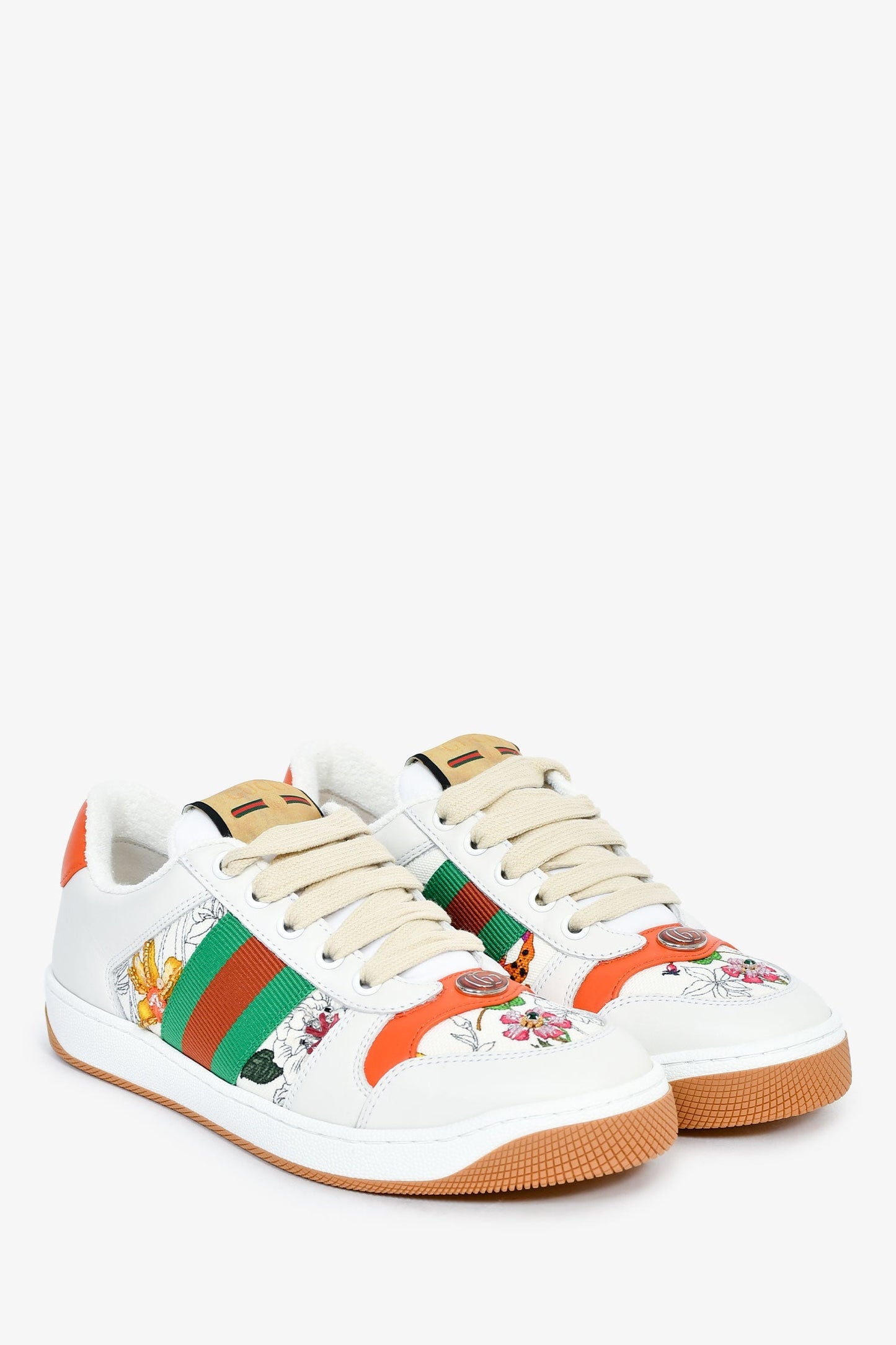 Gucci White/Orange Canvas/Leather Flora 'Screener' Sneakers Size 36.5