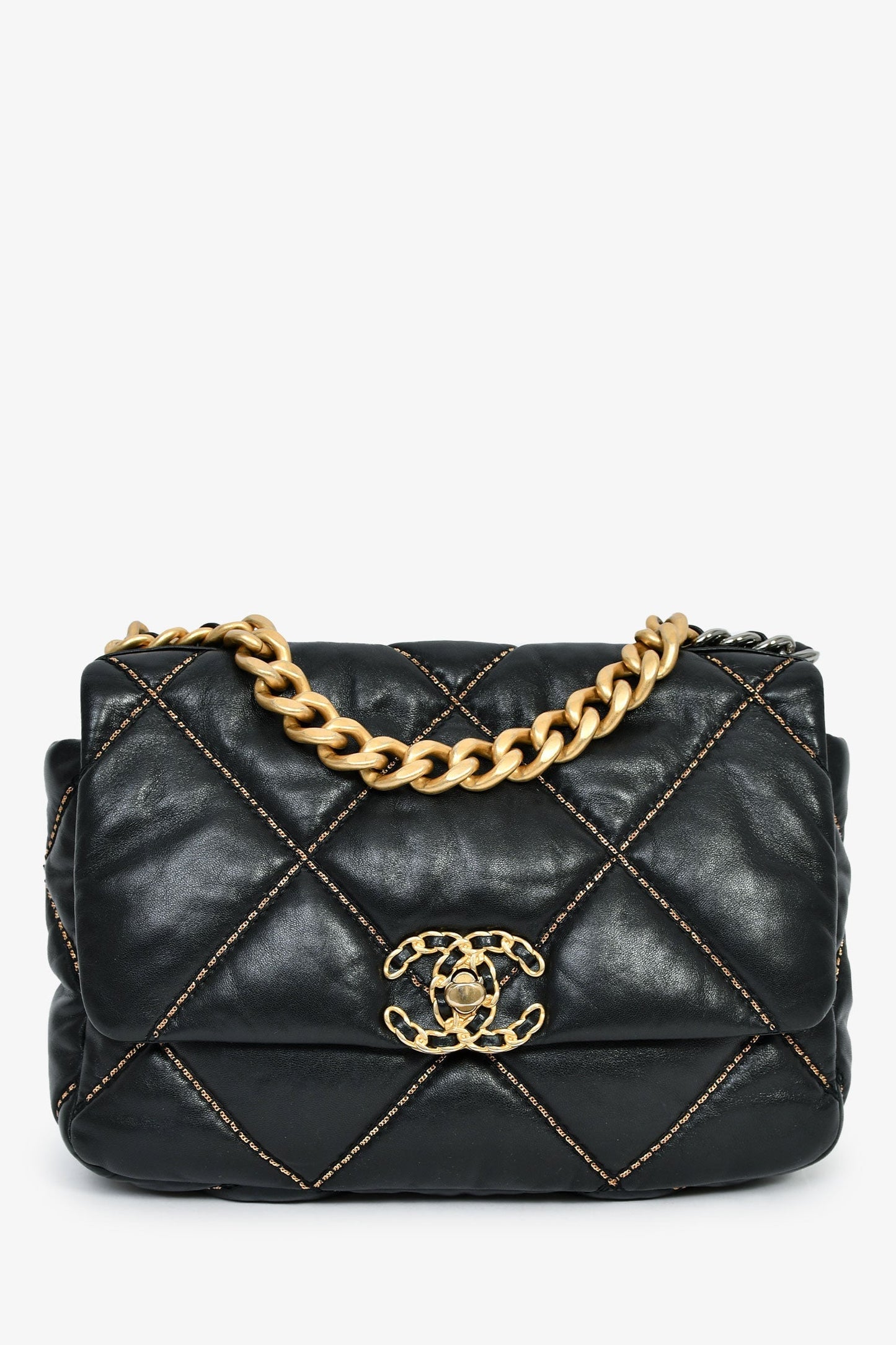 Chanel™ Black Lambskin/Quilted Gold Chain Small 19 Bag