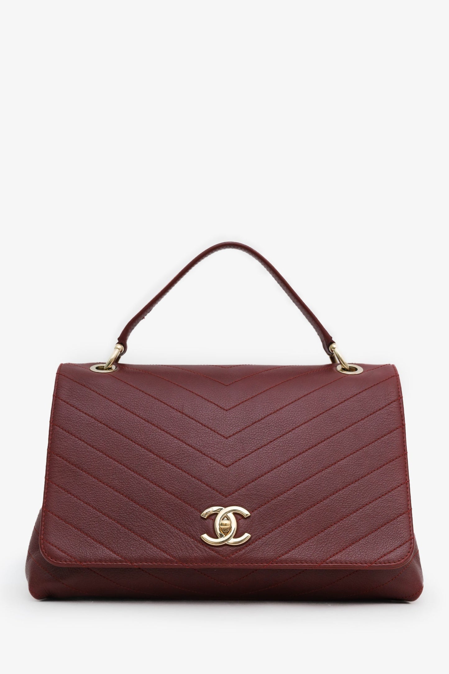 Chanel™ Burgundy Grained Calfskin Stitched Chevron Medium Chic Top Handle