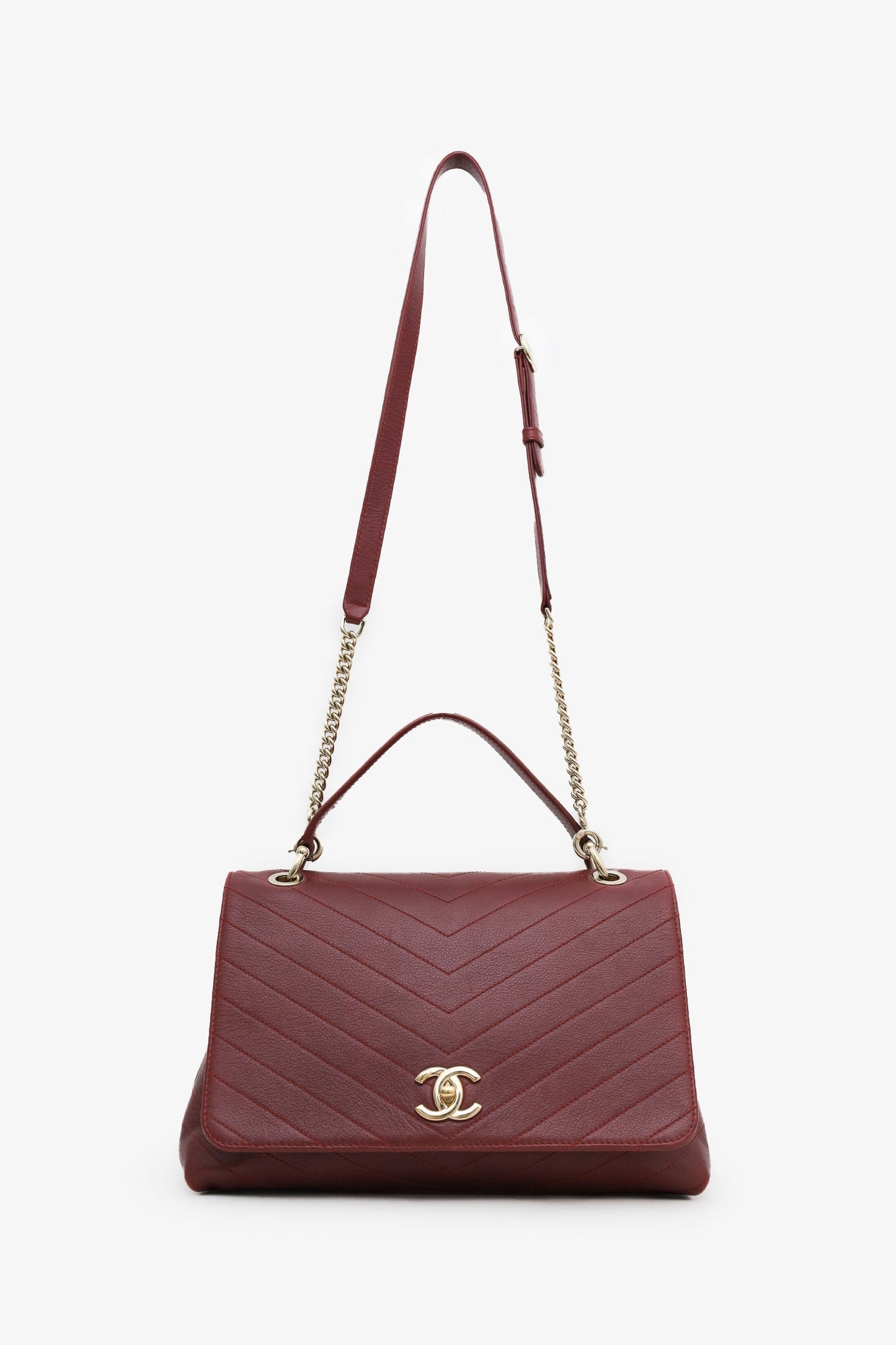 Chanel™ Burgundy Grained Calfskin Stitched Chevron Medium Chic Top Handle