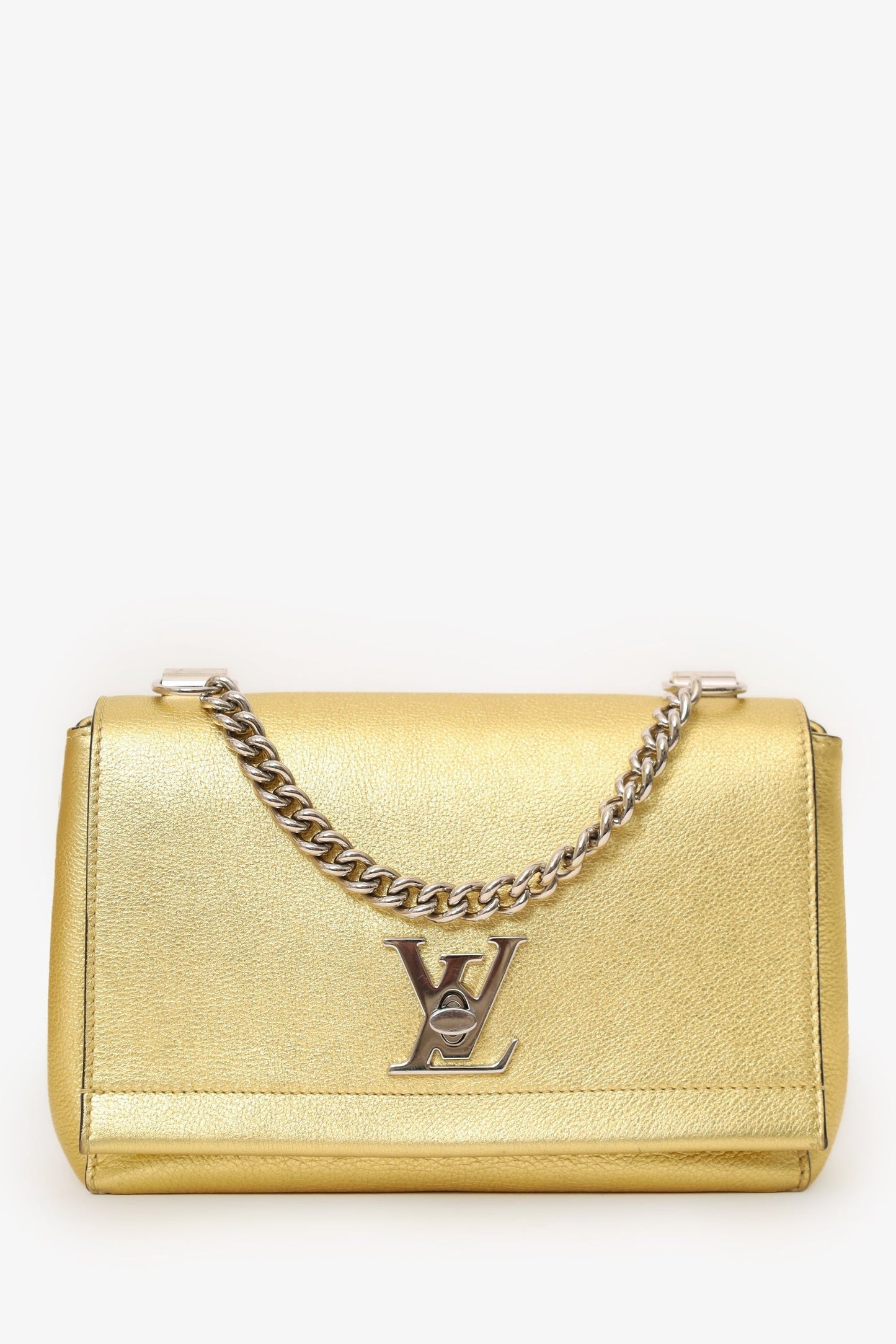 Louis Vuitton 2017 Gold Metallic Taurillon Leather 'LockMe' BB Chain Bag with Strap