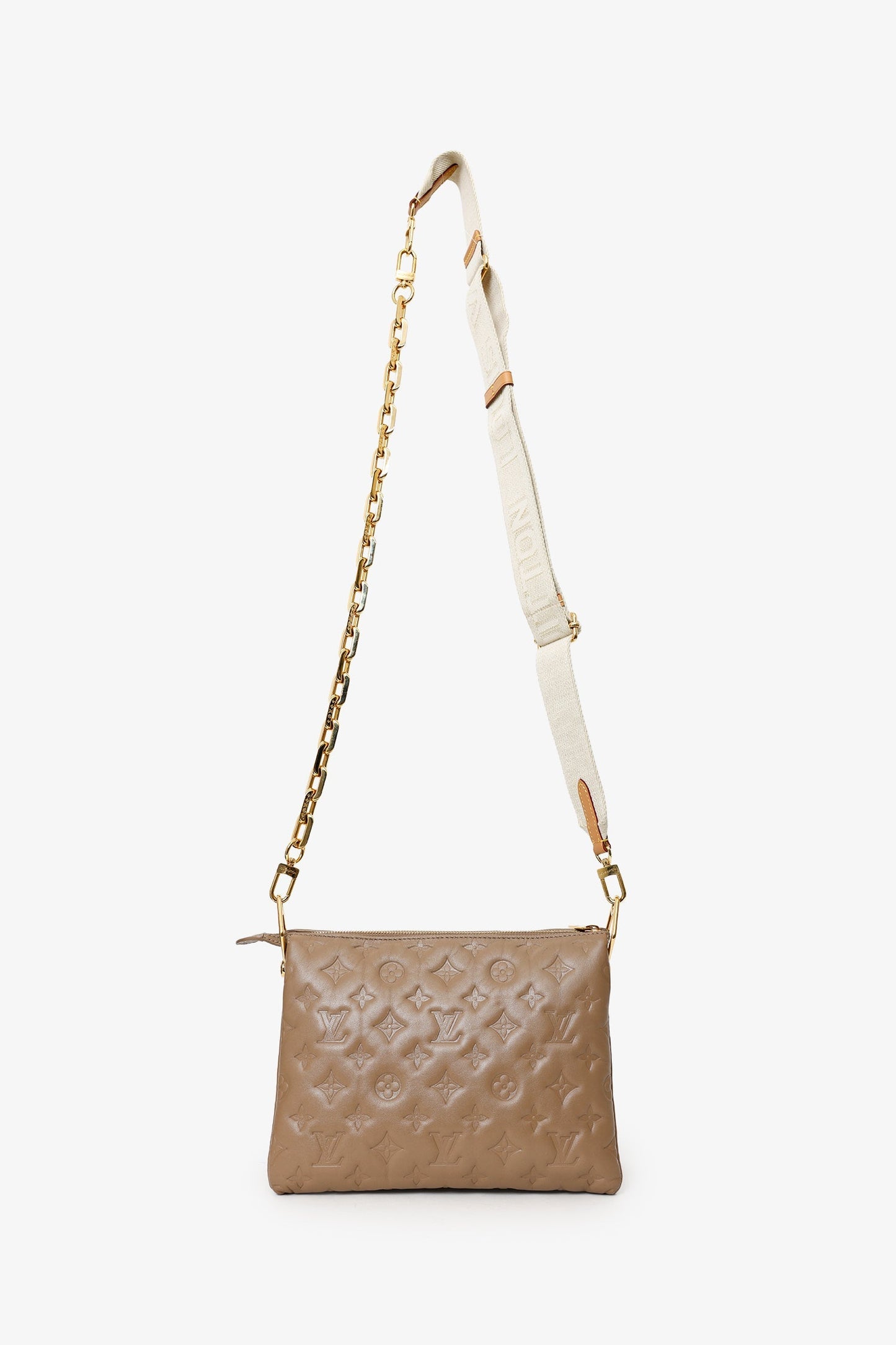 Louis Vuitton Taupe Handbag With Canvas Strap And Gold Chain