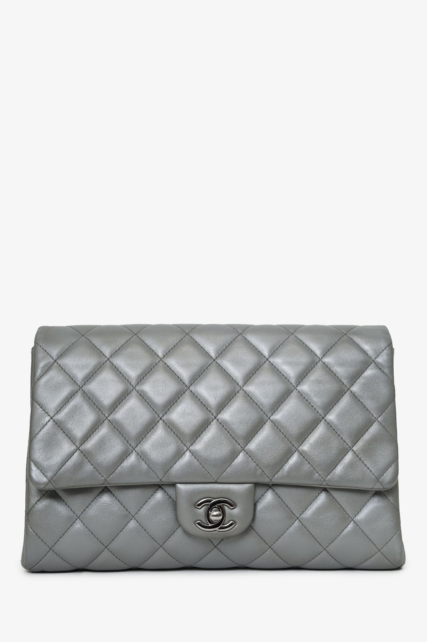 Chanel™ Grey Metallic Quilted Leather New Clutch With Chain