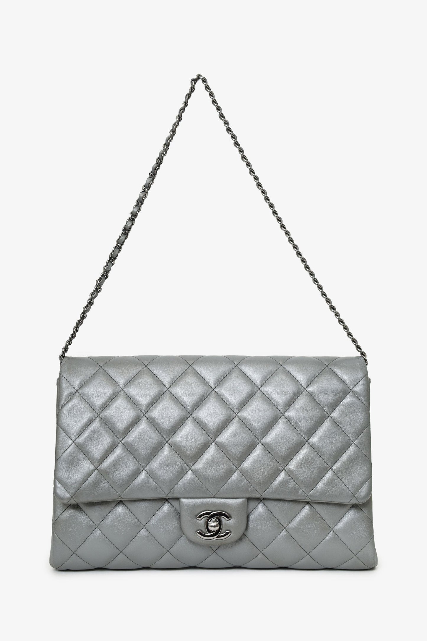 Chanel™ Grey Metallic Quilted Leather New Clutch With Chain