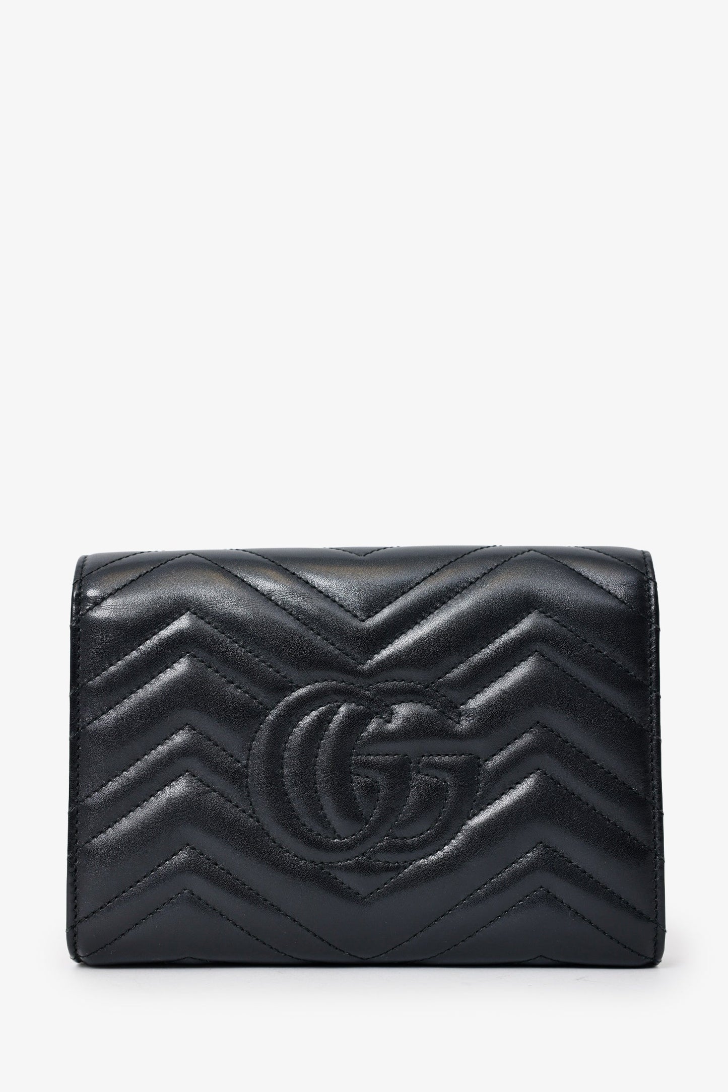 Gucci Black Leather Chevron GG Marmont Wallet on Chain