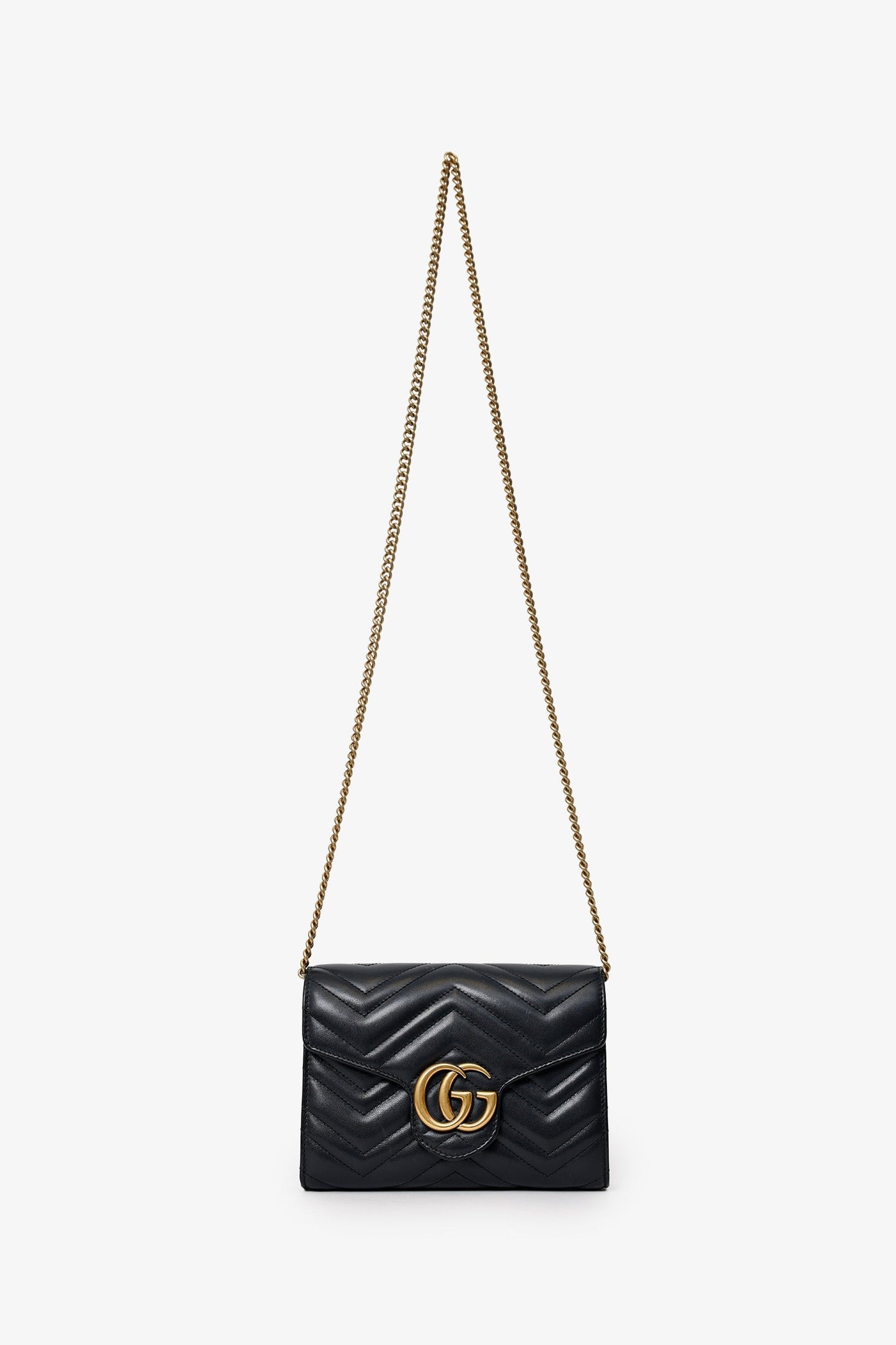 Gucci Black Leather Chevron GG Marmont Wallet on Chain