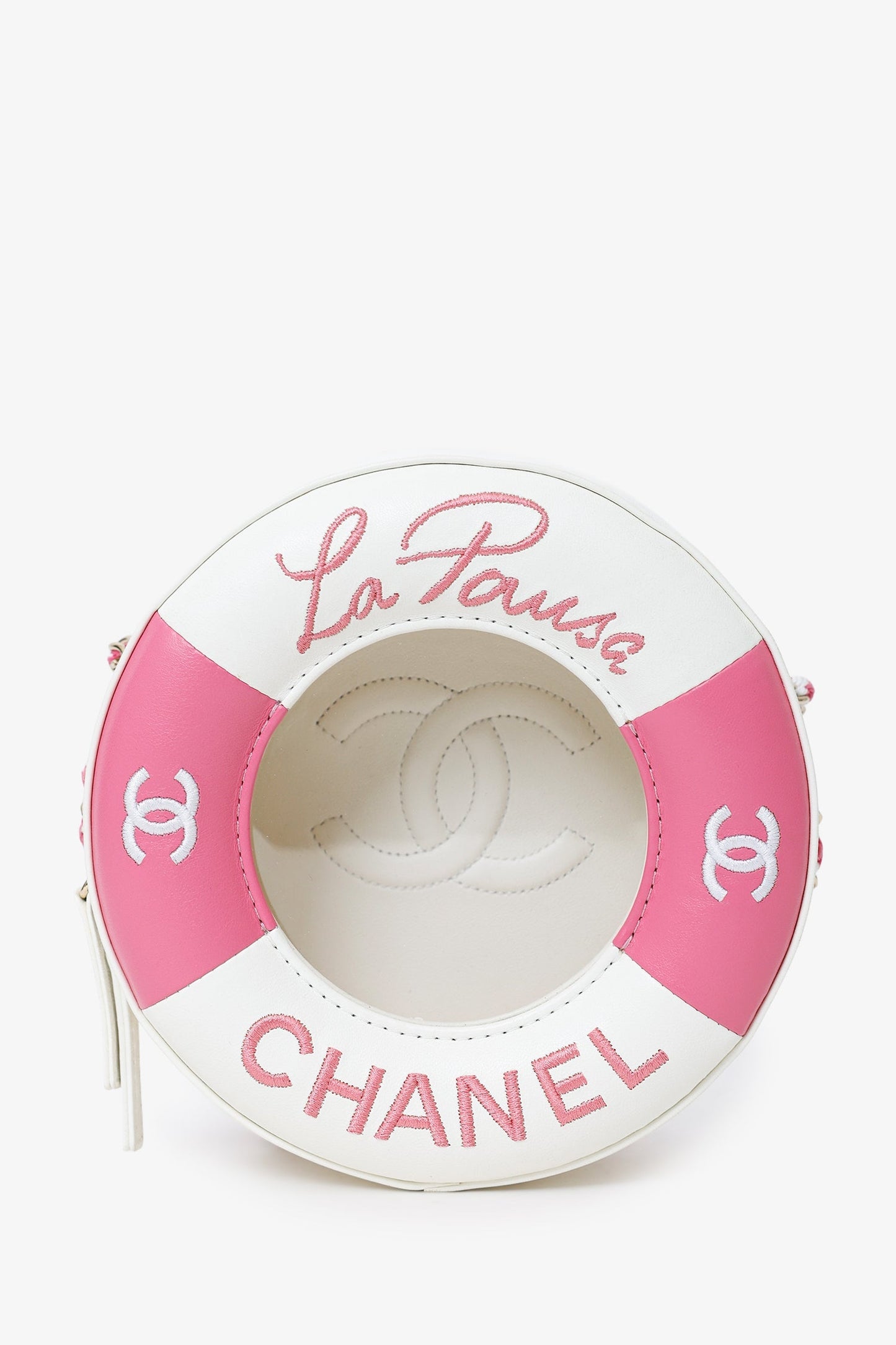 Chanel™ Pink/White Lambskin Lifesaver Small Round Bag