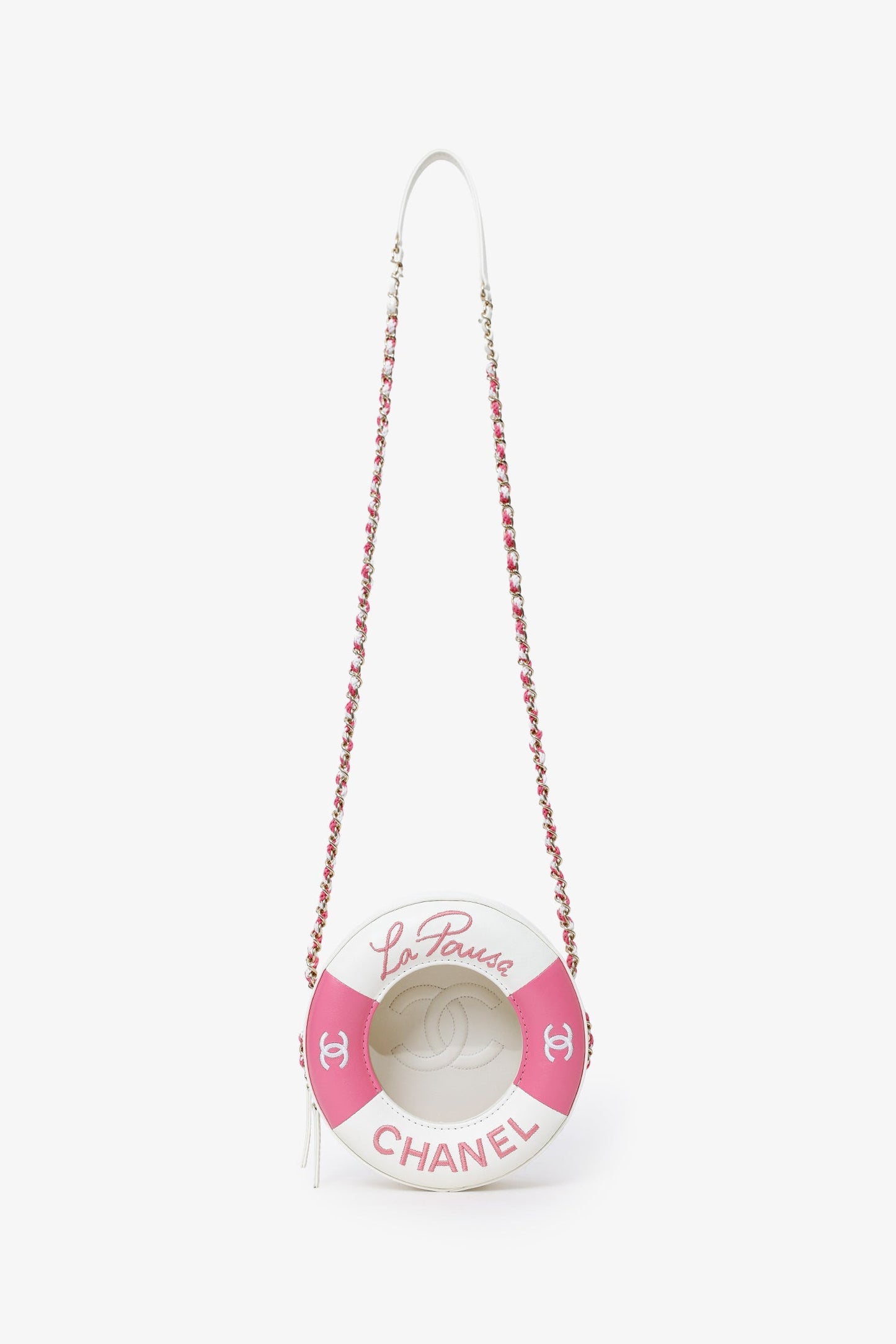 Chanel™ Pink/White Lambskin Lifesaver Small Round Bag