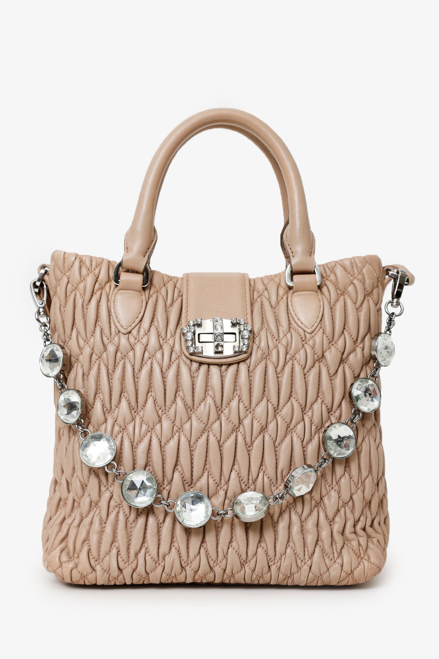 Miu Miu Nude Nappa Matelasse Leather Small Tote With Crystal Chain