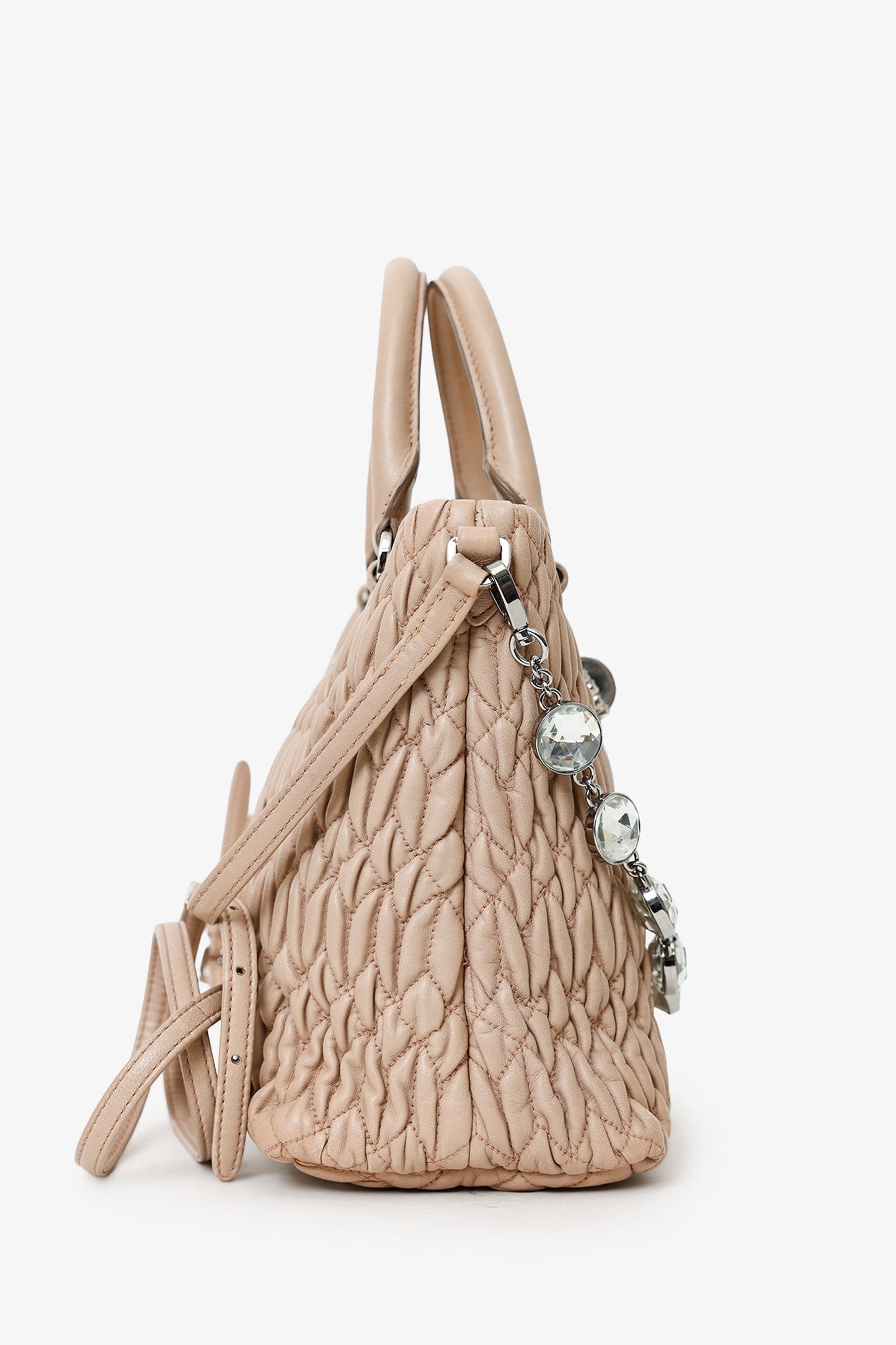Miu Miu Nude Nappa Matelasse Leather Small Tote With Crystal Chain