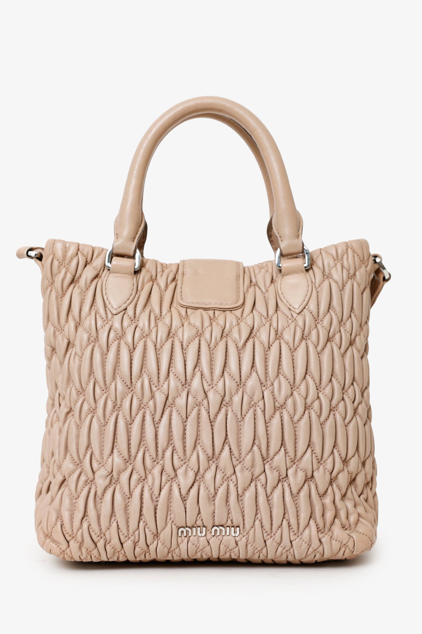 Miu Miu Nude Nappa Matelasse Leather Small Tote With Crystal Chain