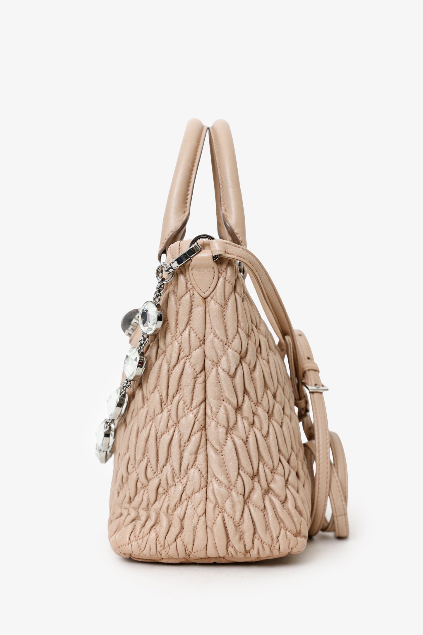 Miu Miu Nude Nappa Matelasse Leather Small Tote With Crystal Chain