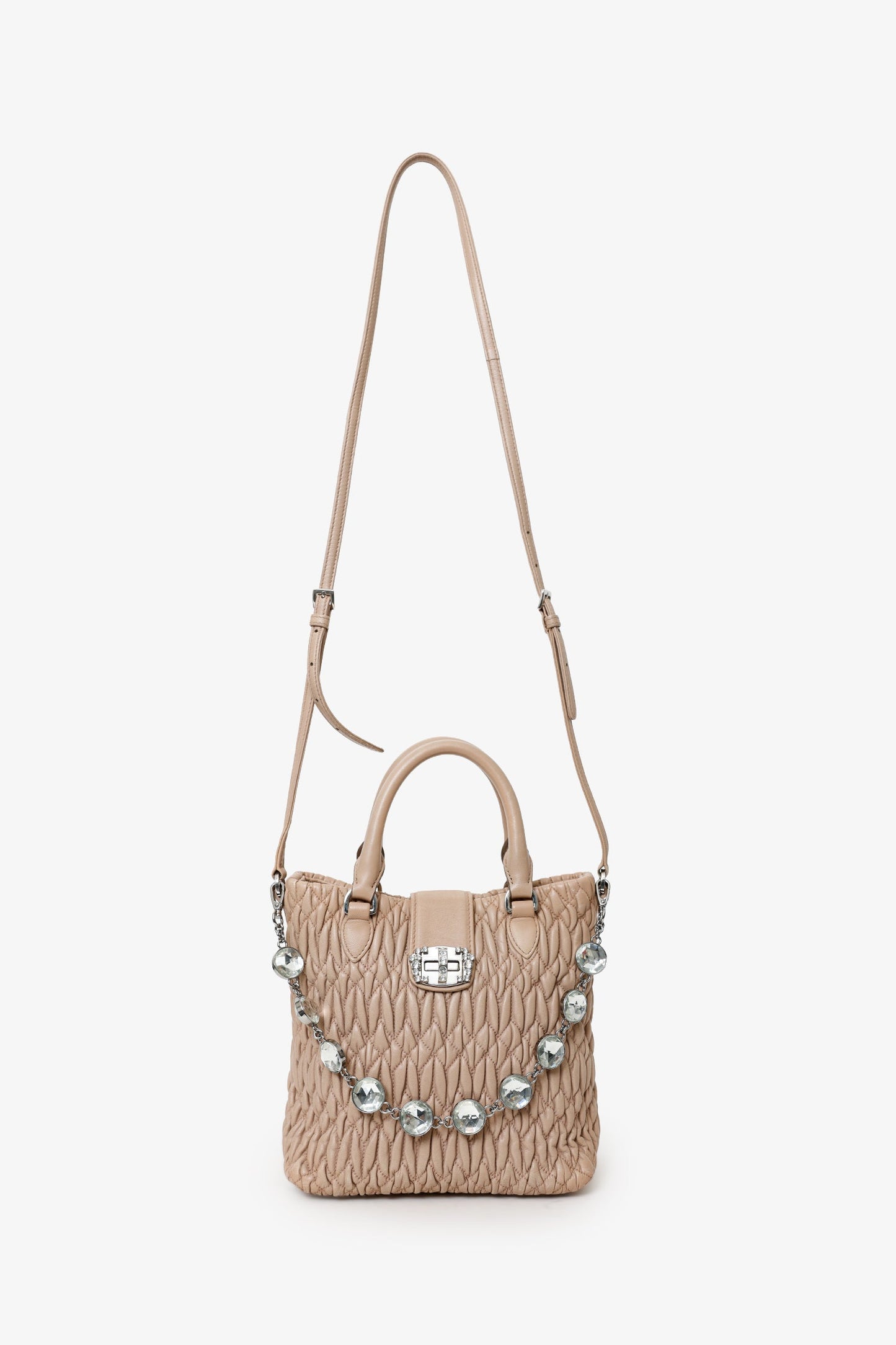 Miu Miu Nude Nappa Matelasse Leather Small Tote With Crystal Chain