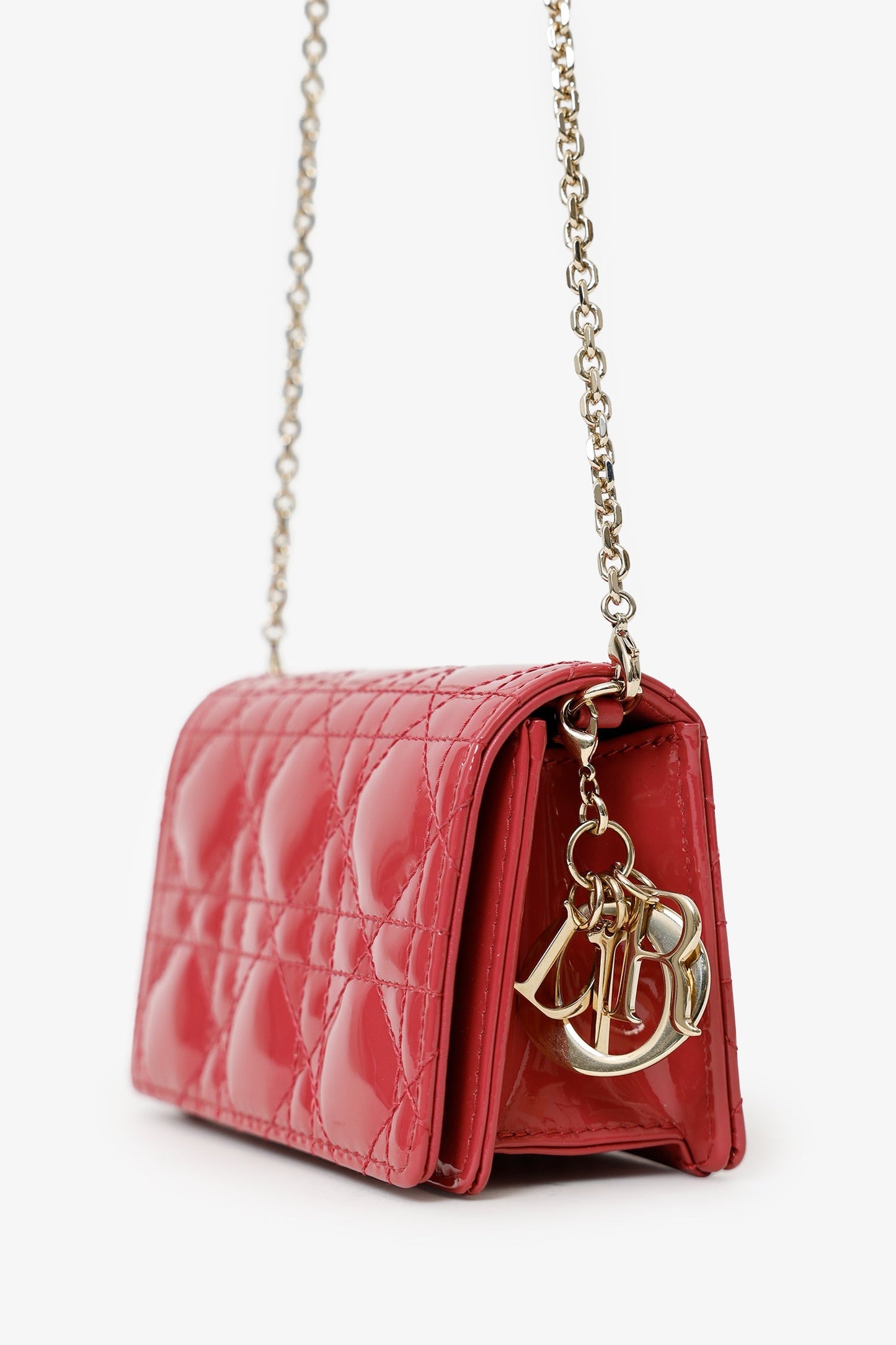 Christian Dior 2021 Pink Patent Leather Nano Lady Dior Chain Pouch