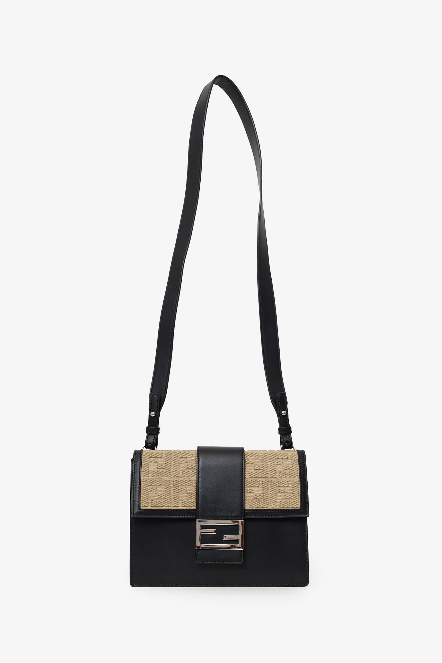 Fendi Black/Beige Calfskin/Canvas FF 1974 Flat Baguette Crossbody