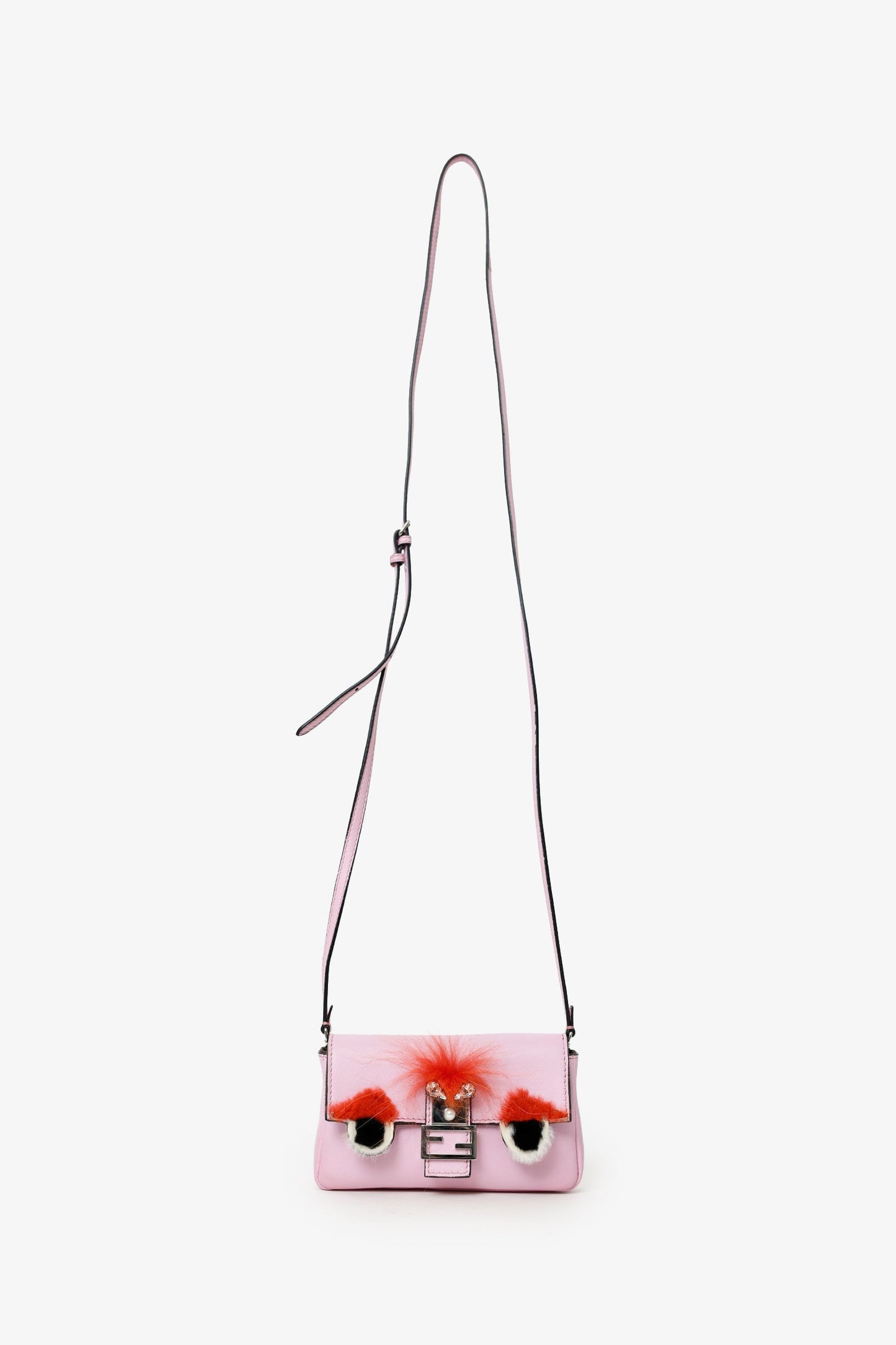 Fendi Pink Leather Crystal/Fur Micro 'Monster' Baguette With Strap