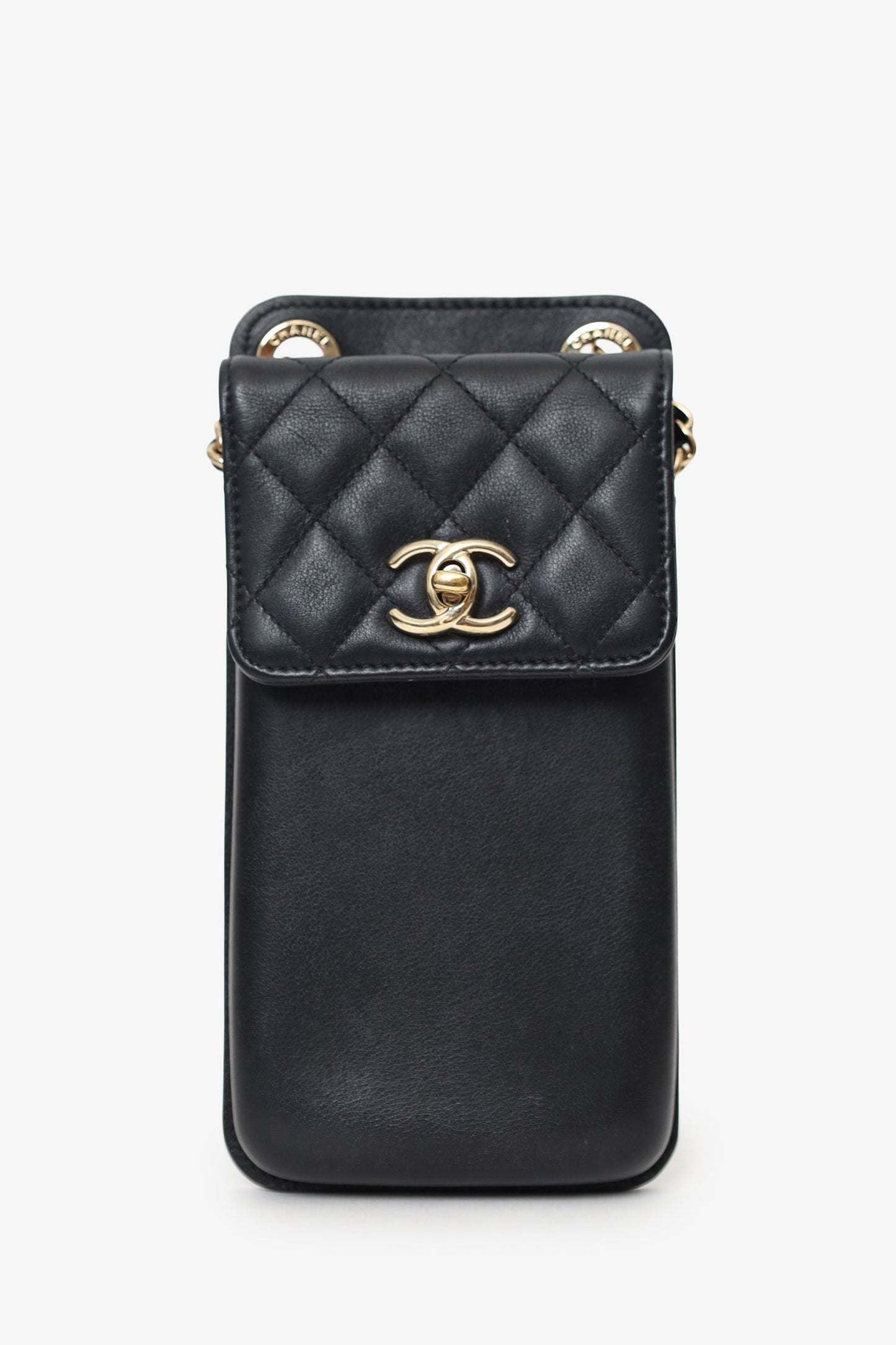 Chanel™ Black Lambskin Matelasse Phone Holder Shoulder Bag