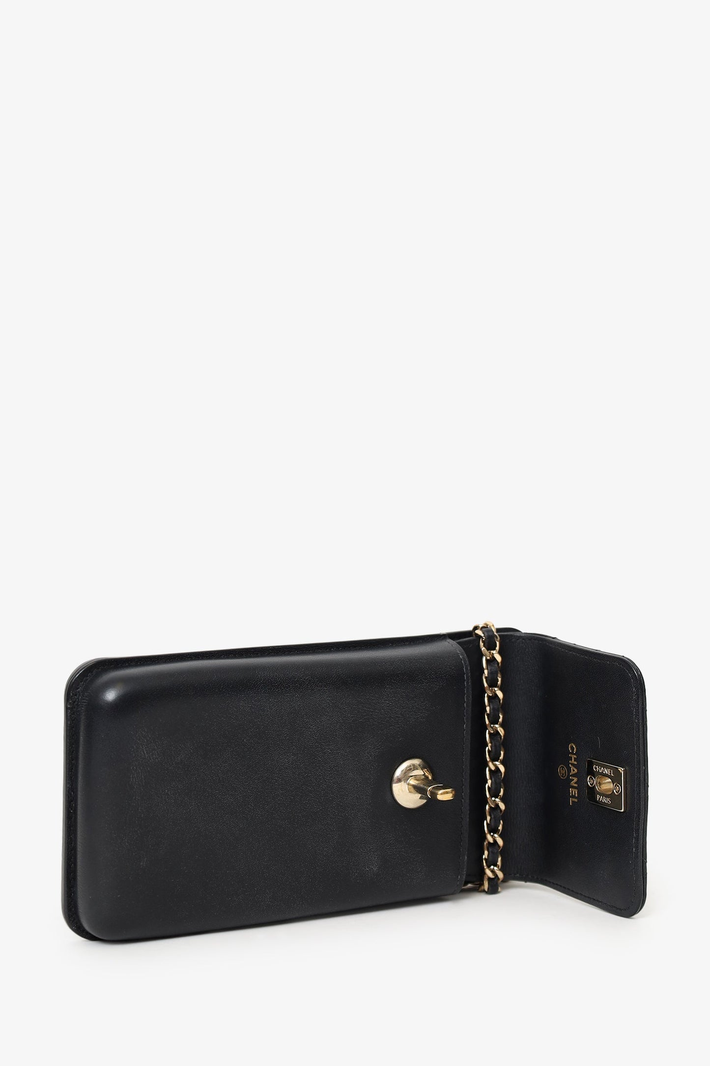Chanel™ Black Lambskin Matelasse Phone Holder Shoulder Bag