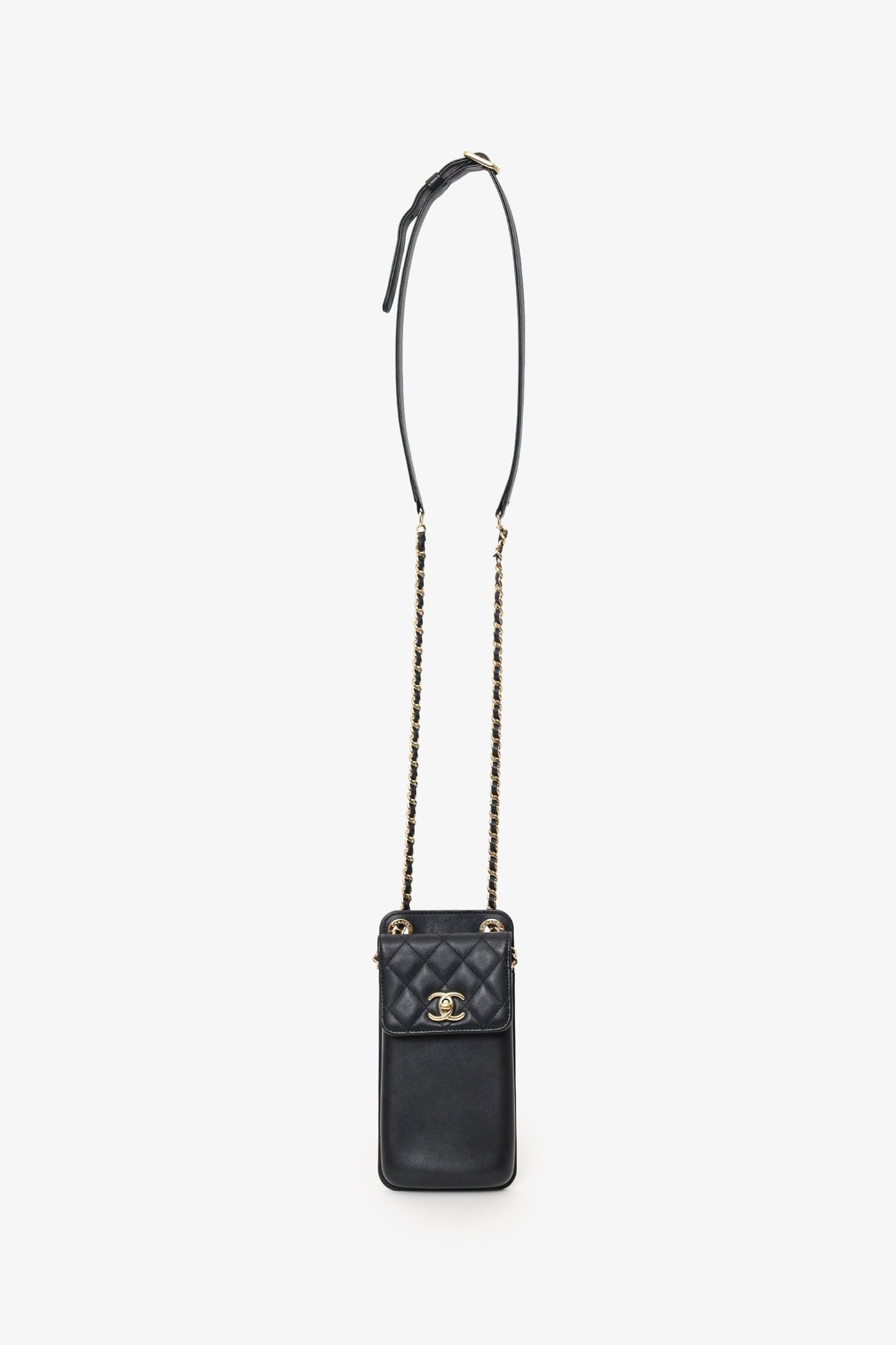 Chanel™ Black Lambskin Matelasse Phone Holder Shoulder Bag