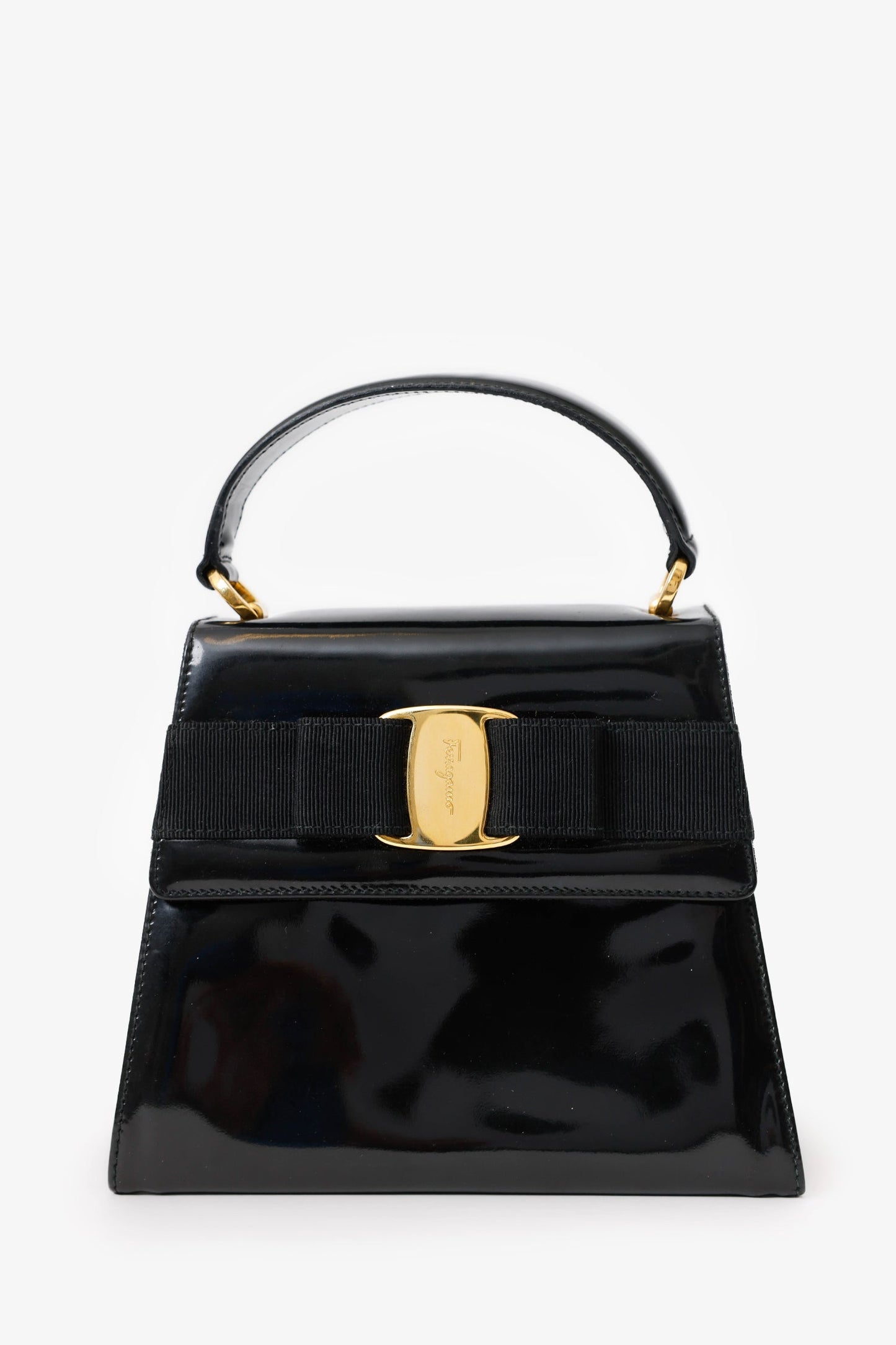 Salvatore Ferragamo Black Patent Leather Vara Bow Top Handle Bag