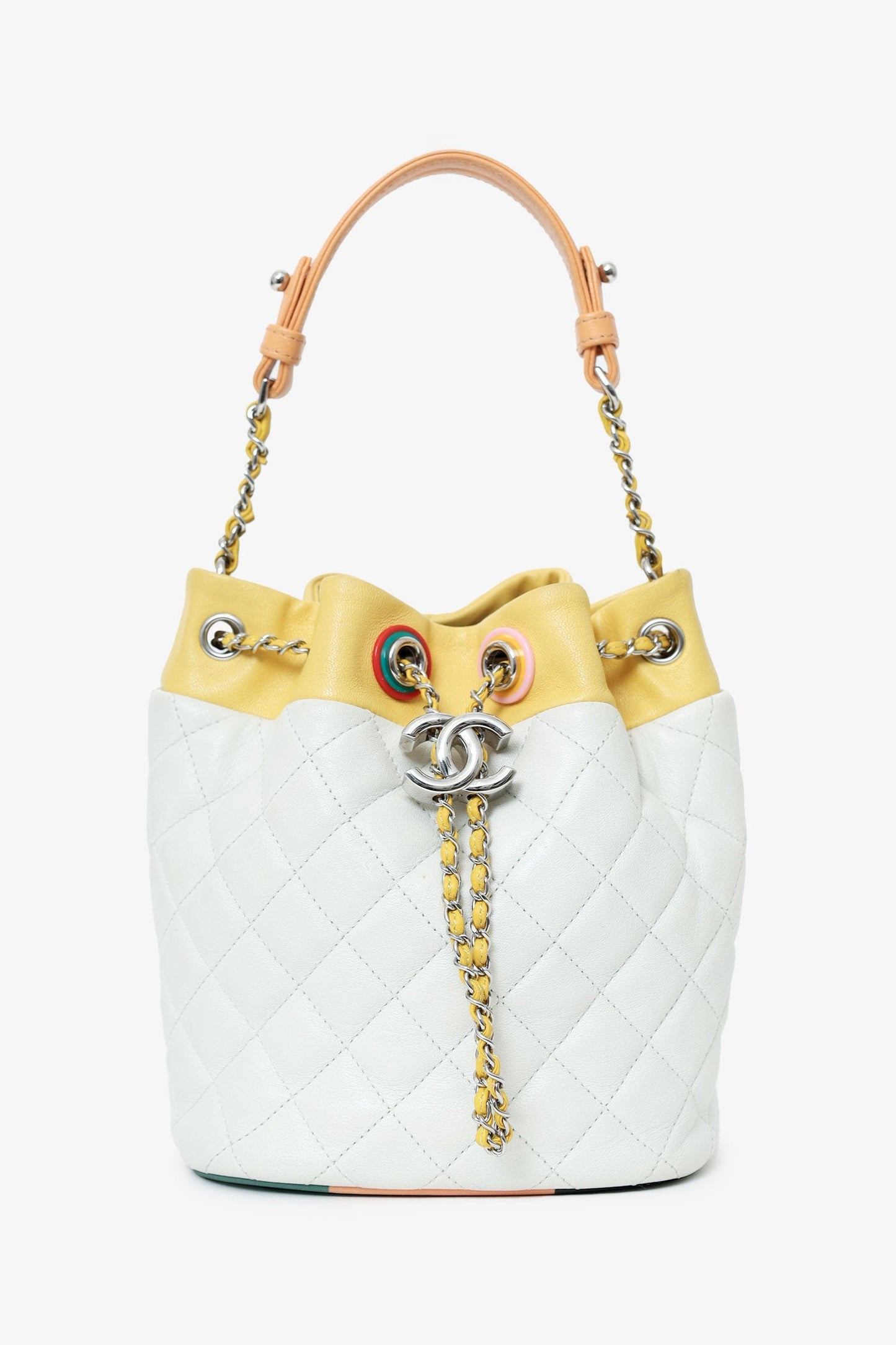 Chanel™ White/Yellow Leather Paris-Cuba Chain Bucket Bag