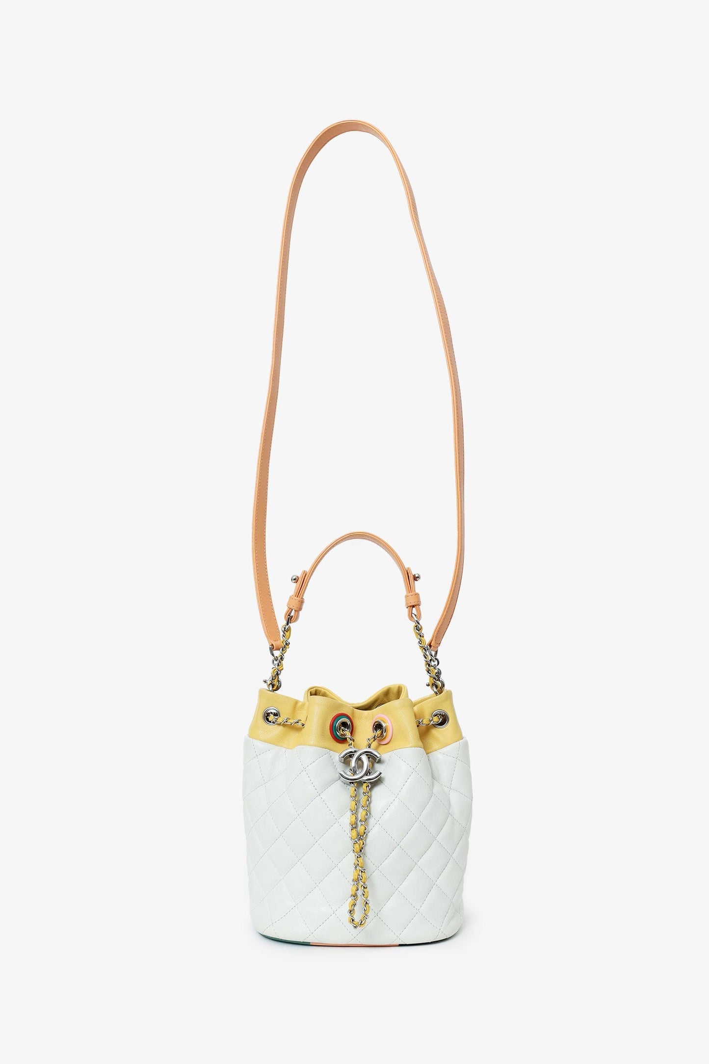Chanel™ White/Yellow Leather Paris-Cuba Chain Bucket Bag