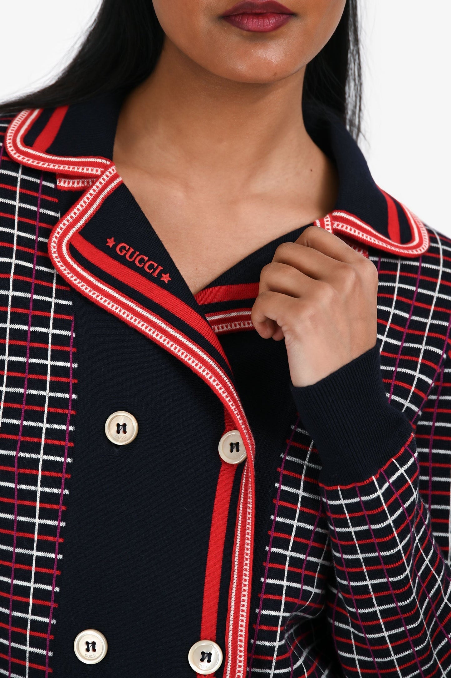 Gucci Navy/Red Wool Patterned Double Breasted Cardigan Size 12+