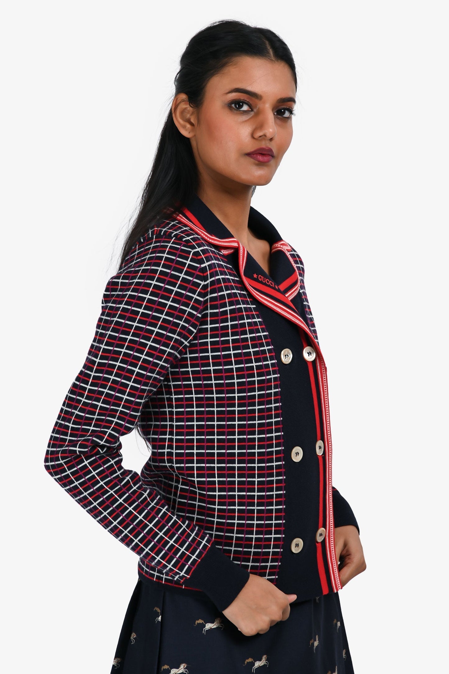 Gucci Navy/Red Wool Patterned Double Breasted Cardigan Size 12+