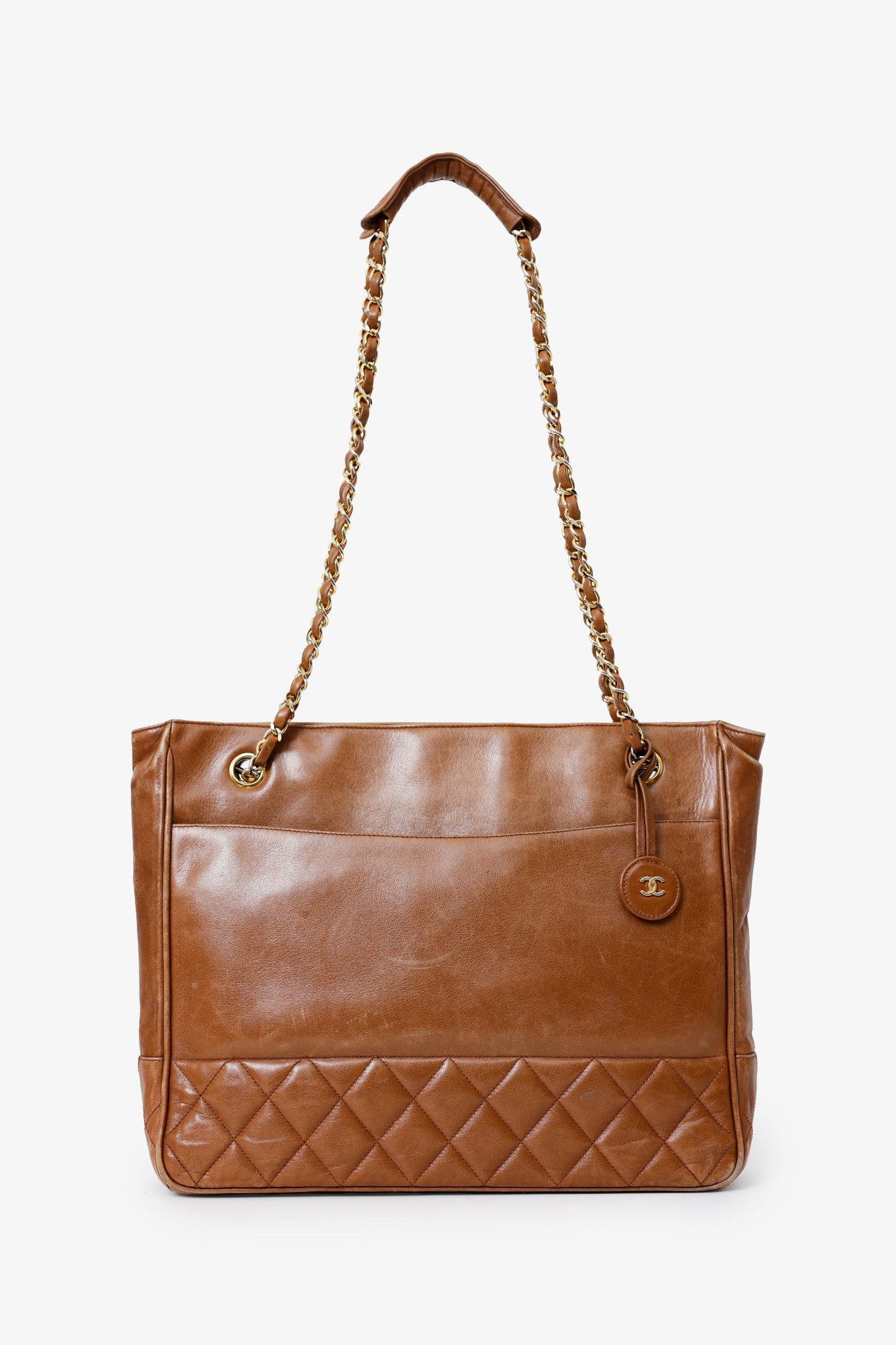Chanel™ 1986-1988 Brown Leather 'Matelasse' Chain Tote Bag