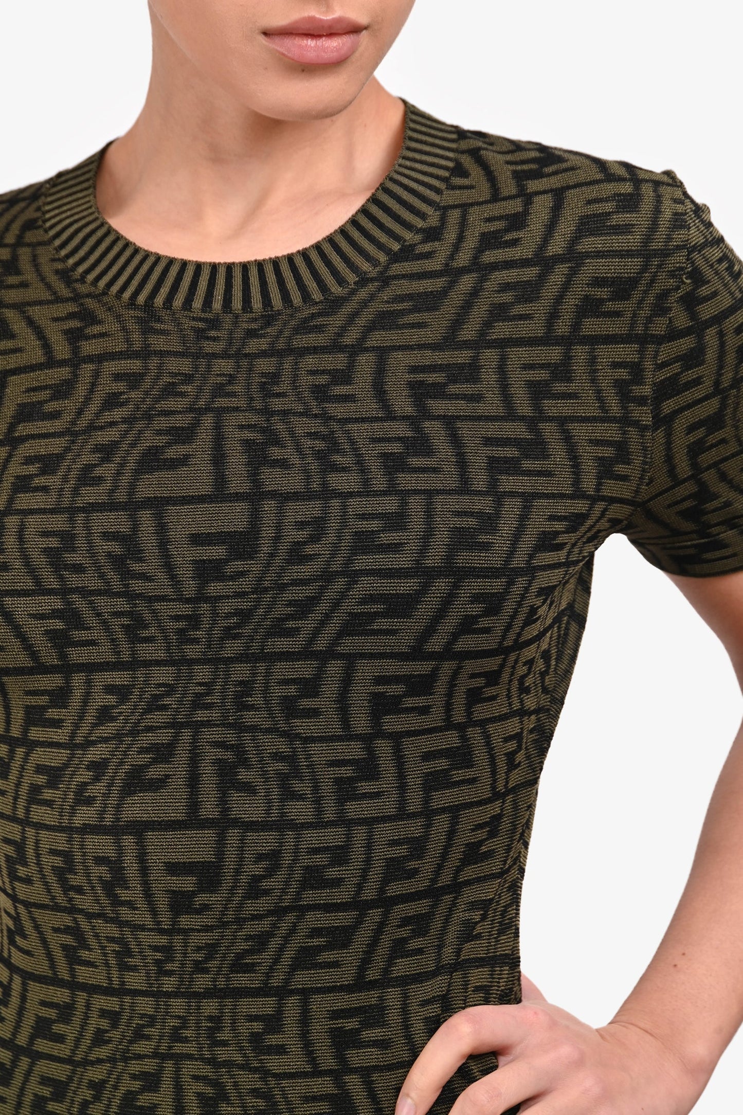 Fendi Green/White 'FF' Monogram Jacquard Bodycon Dress Size 40