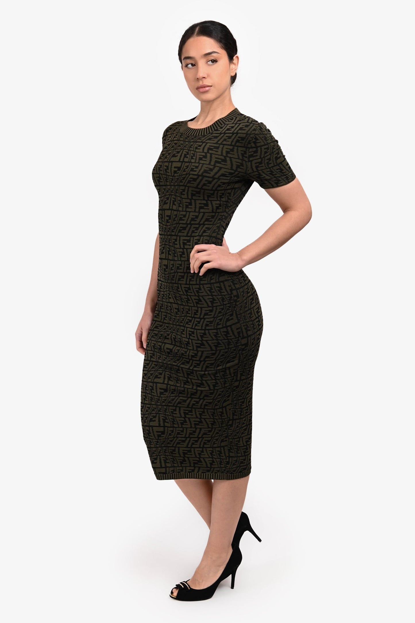 Fendi Green/White 'FF' Monogram Jacquard Bodycon Dress Size 40