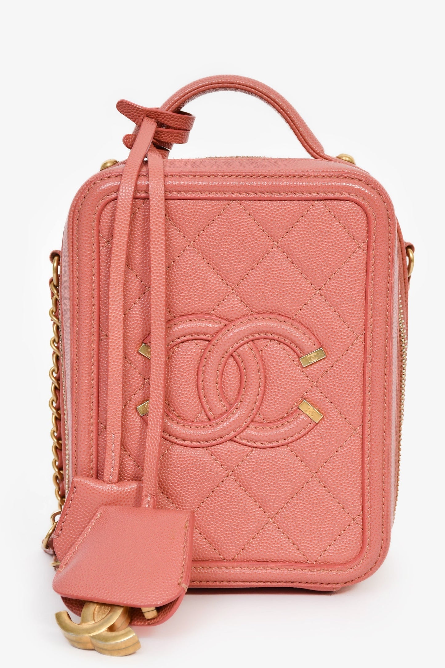 Chanel™ 2019 Pink Caviar Leather Vertical Filigree Vanity Case