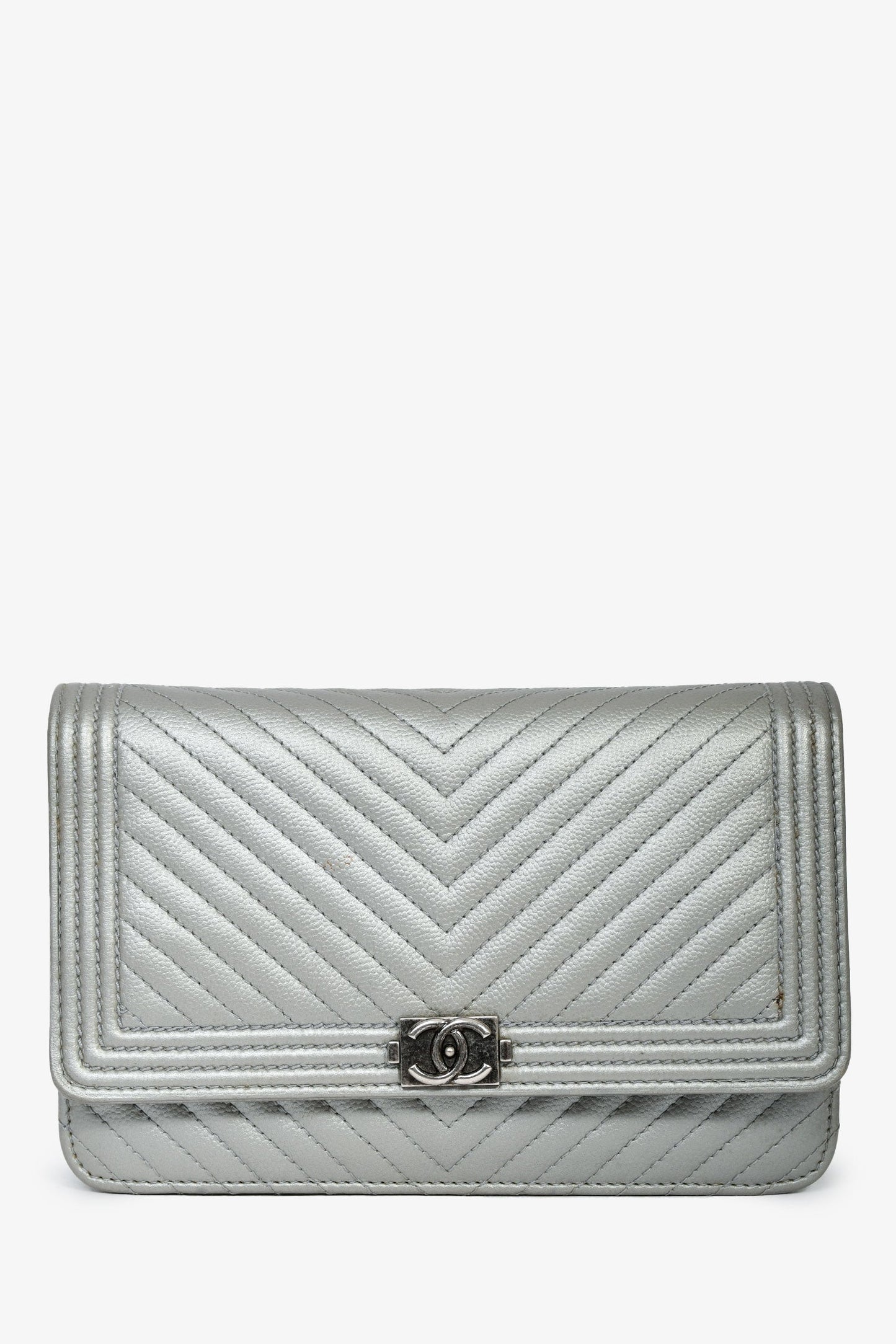 Chanel™ 2016 Silver Metallic Caviar Leather Chevron Wallet on Chain