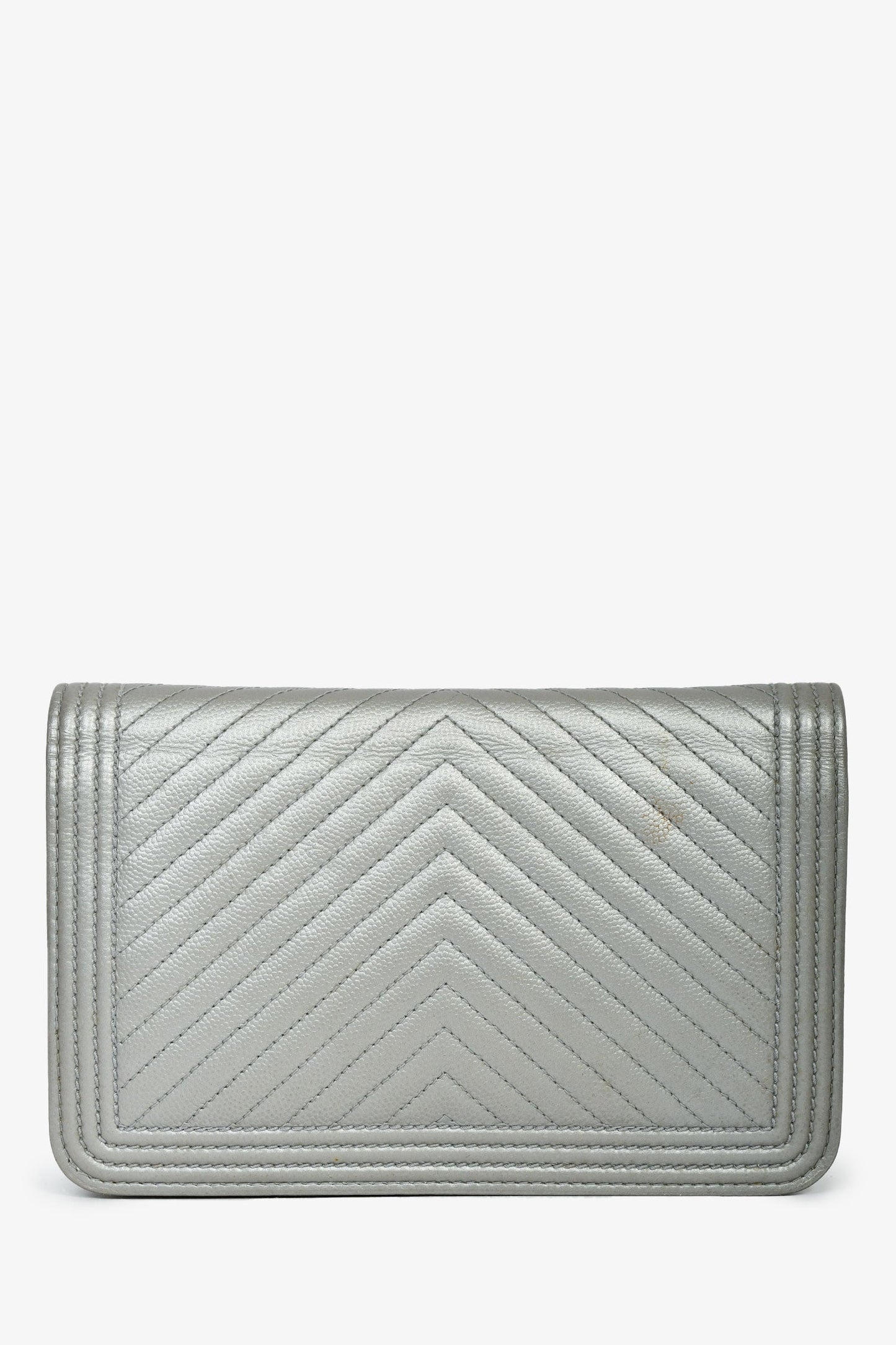 Chanel™ 2016 Silver Metallic Caviar Leather Chevron Wallet on Chain